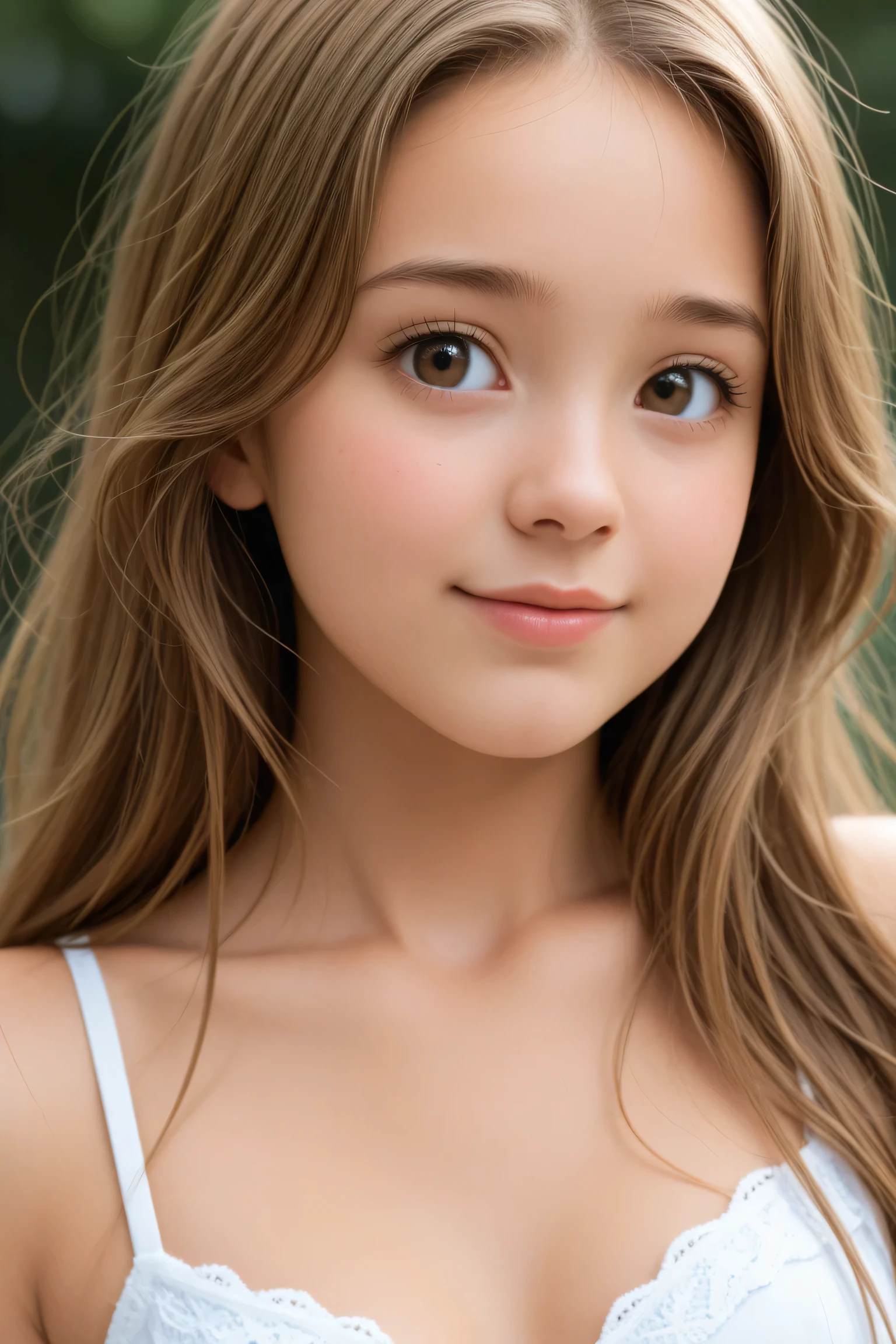 Soft portrait of a young girl, innocent expression, captivating eyes, delicate features, baby face, full and luscious lips, gentle smile, rosy cheeks, flowing hair, natural beauty, detailed realism, warm and soft color palette, natural lighting, tender and emotional vibe, portrait artist's signature style, high-resolution digital painting, Artstation showcase.