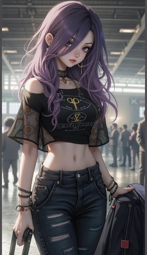 (Obra maestra:1.2), Mejor calidad, (illustration:1.2), (ultra detallado), hiper detalles, (delicado detallado), (detalles intrincados), (cinematic light, Mejor calidad Backlights), Delete line, solista, Cuerpo perfecto, (1 chica), Anime style of a young teenager with long, straight purple hair that falls to her waist, with streaks of darker purple running through it. Her eyes are a striking shade of gold, with a piercing gaze and almond-shaped. She has a fair complexion with a few faint freckles across her cheeks. She is dressed in punk fashion, wearing a cropped leather jacket adorned with studs and patches. She pairs it with ripped black skinny jeans and combat boots, laced up with thick chains. Underneath the jacket, she wears a torn band t-shirt featuring her favorite punk band. She has fishnet stockings peeking out from under her jeans and multiple silver hoop earrings lining her ears., (constituir), alto contraste, (mejor iluminacion, un extremadamente creado y hermoso), (cinematic light), vistoso,