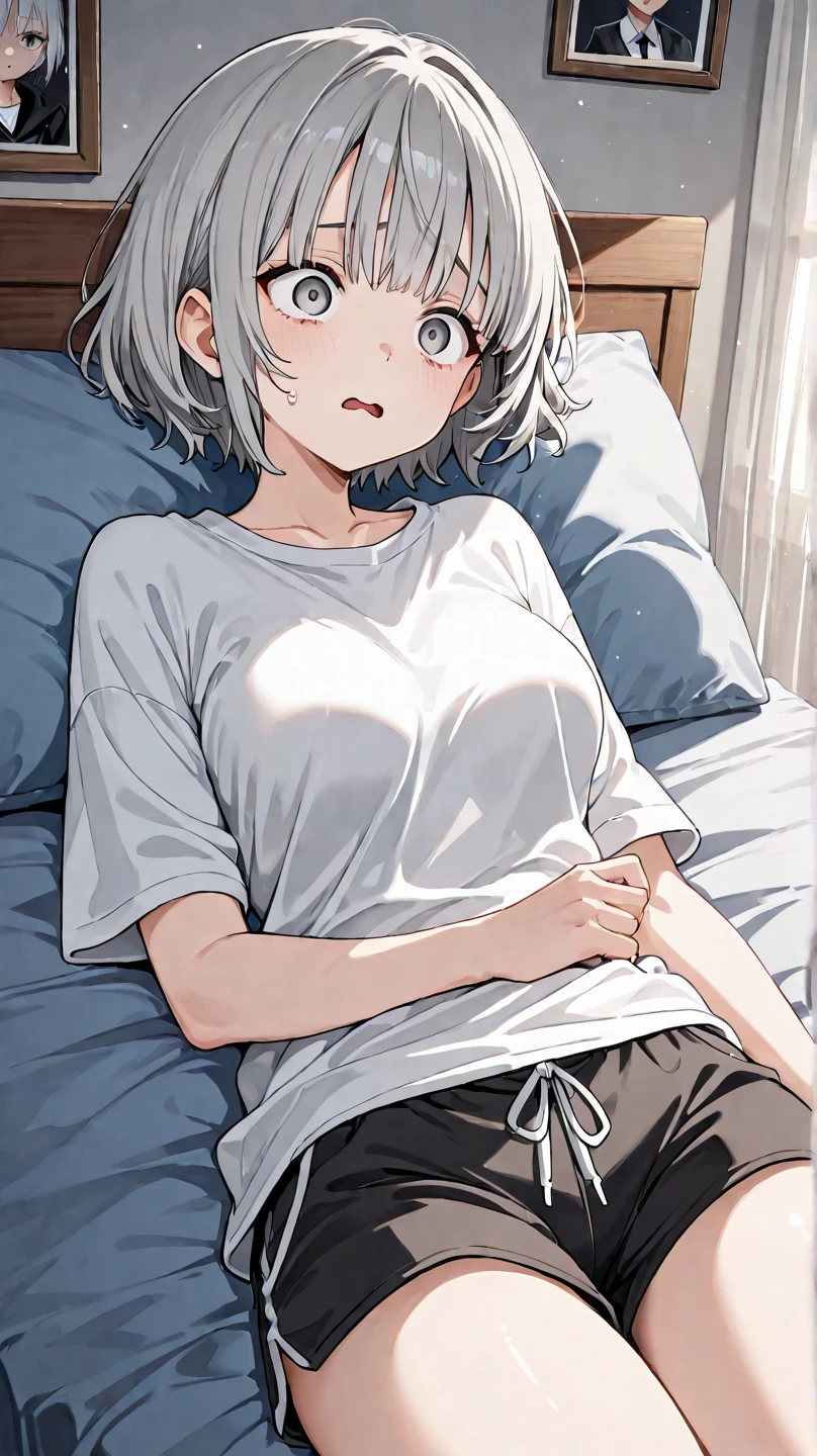 Sexy short white haired woman  a curvy body wearing leggings holding a condom, gets fucked in sadomaso dungeon, Squirting, embarrassed, decollete, transparent clothing, fingering,