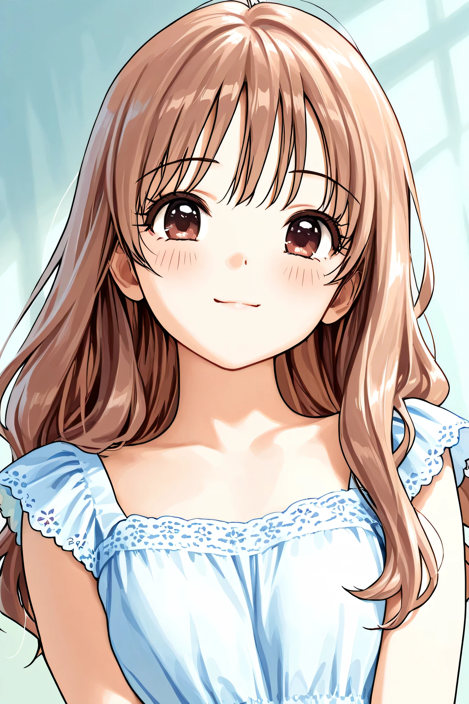 a pre- girl, light brown long hair ,A gentle and sweet face, Innocence