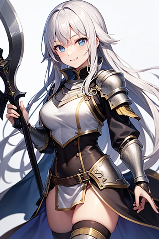 ((Masterpiece, 8k, High quality)),(adult female), (orange/yellow eyes), (((Long gray hair reaching the neck))), (fox ears), ((shy)), Height 166 cm, Weight 50 kg..., Body size 33F-23-35, (((Medium bust, Big hips that are wide open))), ((wearing white stockings)), (((Wearing silver knight armor))), (blue short skirt)