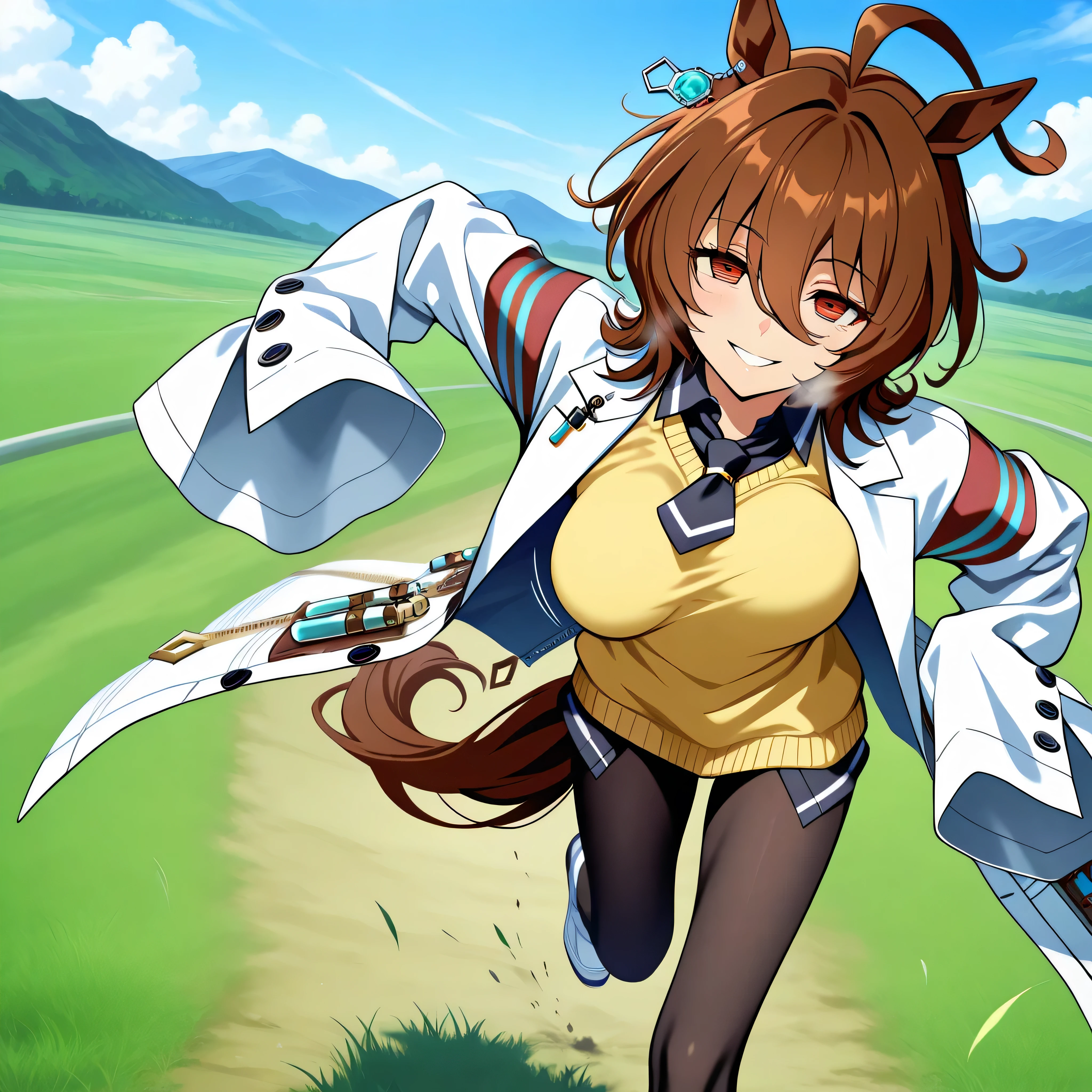 score_9, anime style, longlegs_v0.22_pony, agnes tachyon, horse ears, horse tail, labcoat, sleeves past fingers, yellow sweater, black necktie, pantyhose, single earring, landscape, grass field, BREAK, 1 skinny girl running, bouncing unaligned breasts, smile for viewer, heavy breathing, BREAK, (small torso), (too short torso), too short waist, skinny legs, very long legs