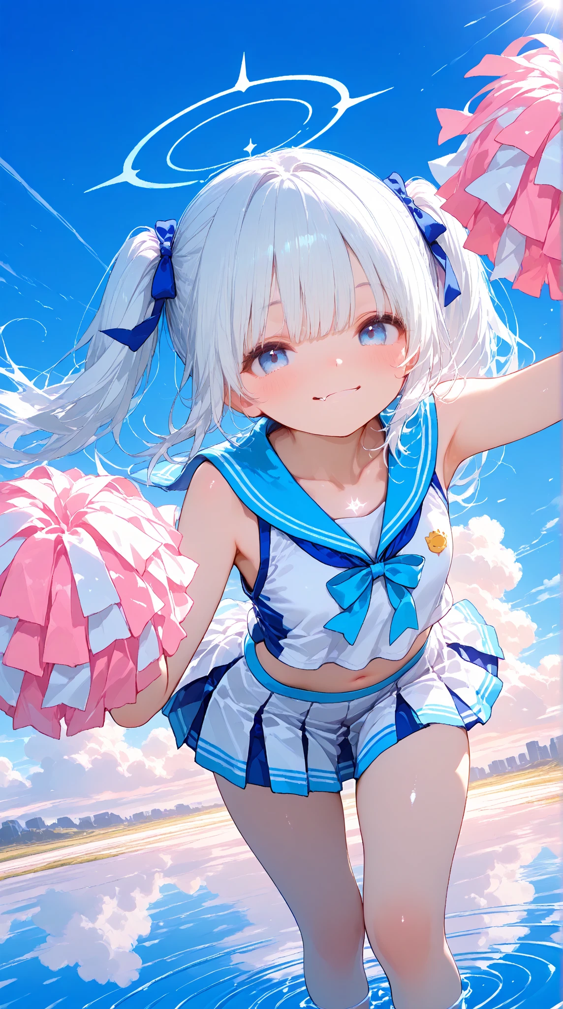 Silver Hair、blue eyes、girl、Small breasts、Twin tails、、girl、Small breasts、Lolita、Bright smile、Looks about 15 years old、Petan Musume、short、目のhighlight、Sexy thighs、Cheerleader、Please show me your armpits、Your eyes are so beautiful、highlight