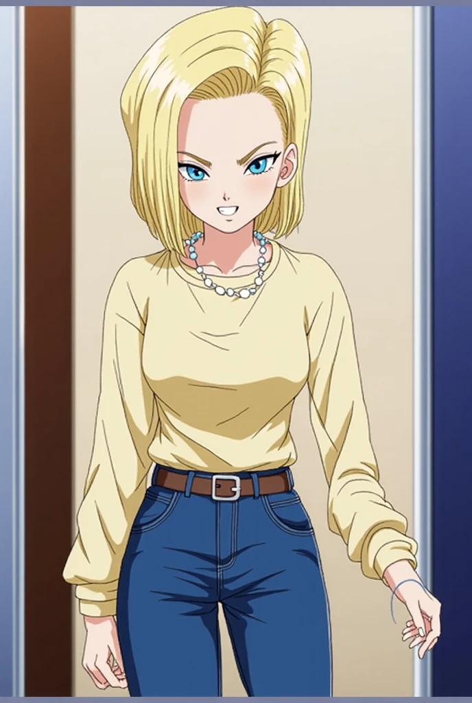 Android18, 1girl in, Solo, breasts, Smile, Short_hair, Blue_Eyes, Blonde_hair, Shirt, long_sleeves, Jewelry, Medium_breasts, earrings, Belt bag, Pants, Necklace, denim, casual, jeans, bead_Necklace, pearls_Necklace
