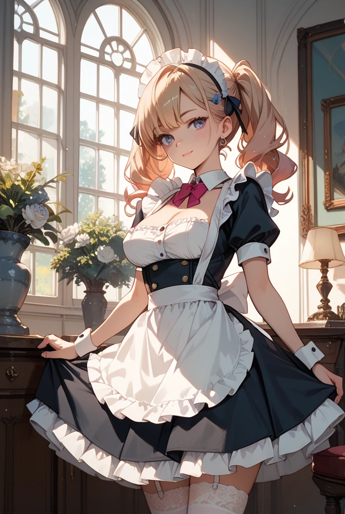 masterpiece,best quality, ultra-detailed,1girl(sakurai momoka, lovely small breasts, glow skin, wavy hair, long hair, blonde hair,green eyes),smile, glow lips, nose blush, blush, solo, maid(black), cleavage, frill, apron, maid headdress, ultra mini skirt, black garterbelt,  black lace thighhighs,  in the mansion,  livingroom, standing, 