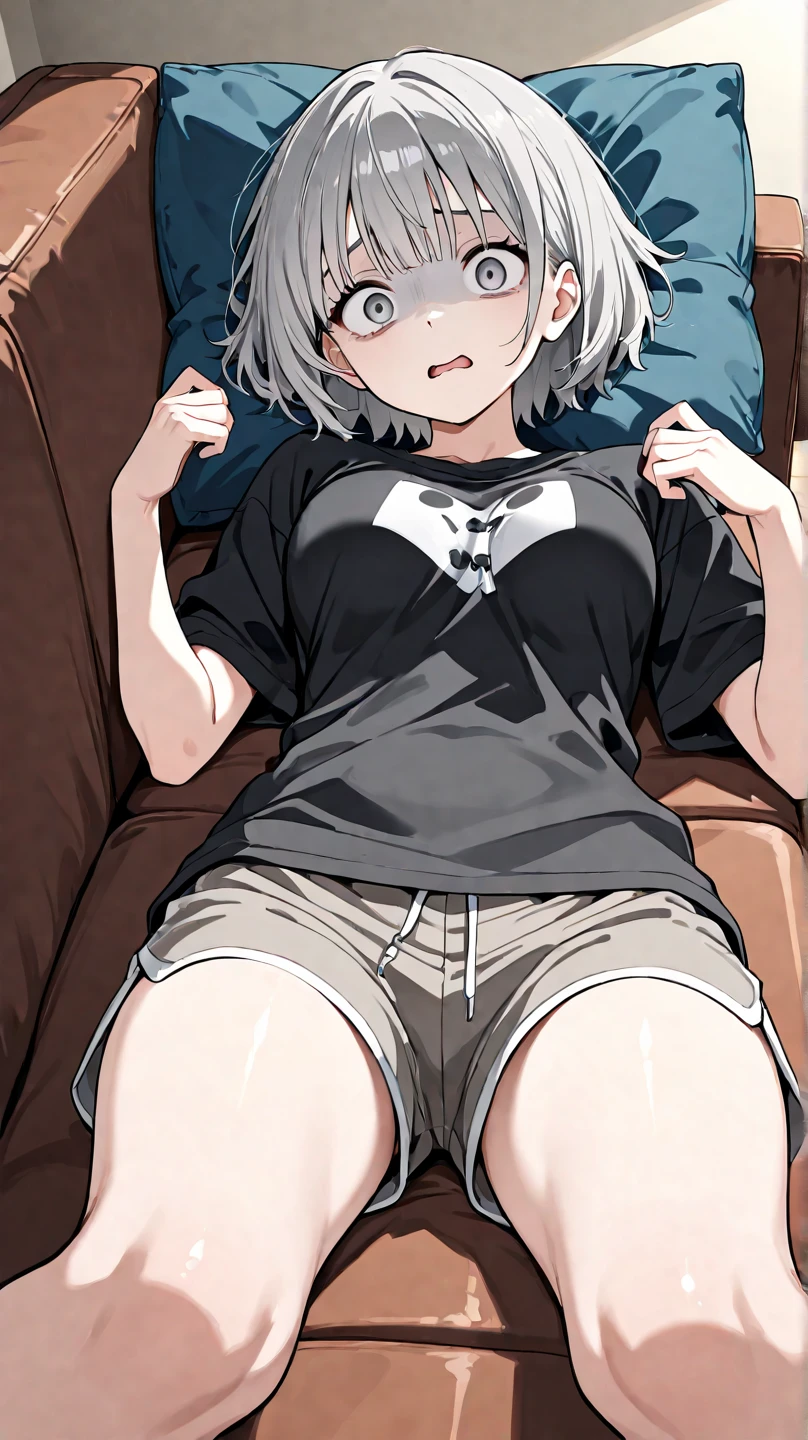(masterpiece, best quality),
1girl, sitting, (hugging own knees:1.2), looking at viewer, head tilt, lower body,  focus,
break girl, camisole,(sideboob:1.2),black skirt, lift skart,(blue and white striped panties1.3), cameltoe, white hair, twintails, grey eyes, grin, blush, bare shin
break background myroom, couch,(show off panties:1.3),(low view:1.3)
