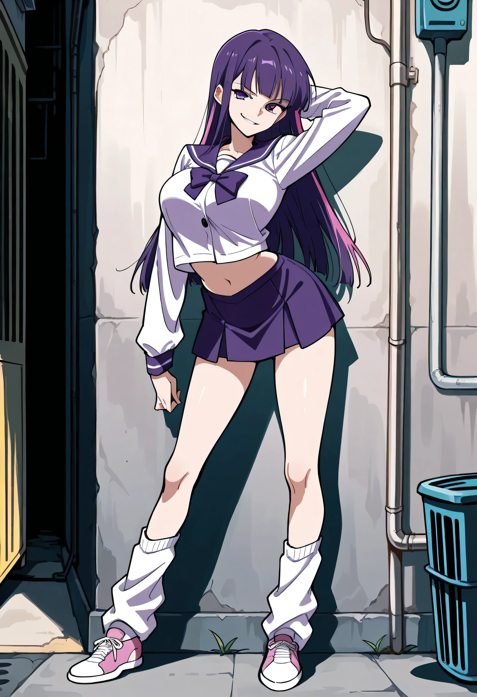 score_9, score_8_up, score_7_up, 1girl, mature, solo, smirk, long hair, bangs , straight hair, purple hair , pink highlights inner , purple eyes, purple sailor school uniform, navel , short skirt, long legs , big breast , arched back , hand behind head , loose socks, casual stance , shoes , lean against wall , alley background , full body,
 v3r1d1an,