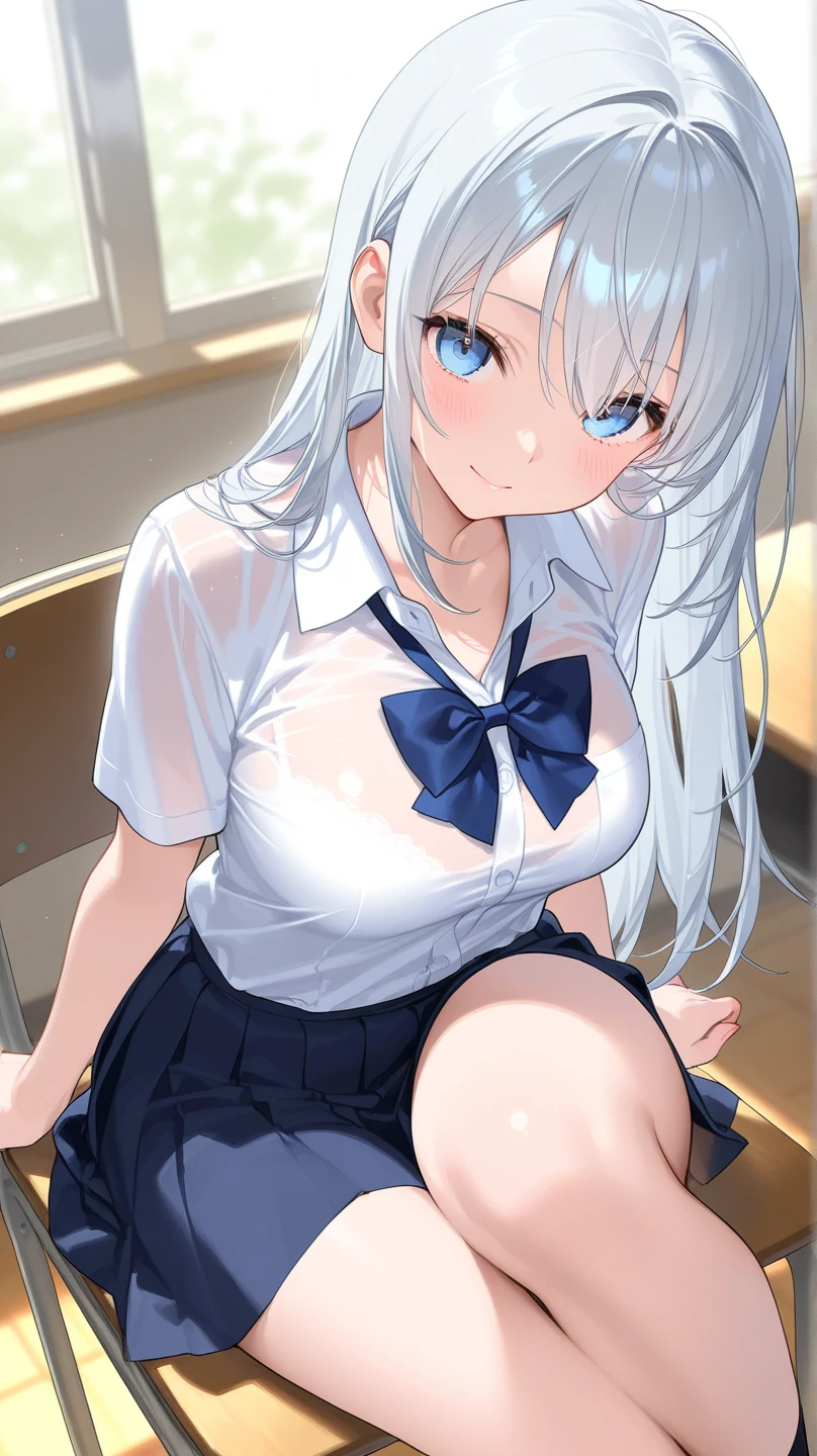 (8K, Best Quality, Masterpiece:1.3)), Ultra High Resolution, (1 Girl, 1 Person), (Color Changing Eyes, Super Detailed, Expressive Sparkle, Sparkling, Glowing Eyes), Highly Detailed Eyes, Highly Detailed Face, Random Hair, (Silver Gray Color), "Woman wearing a low-cut sailor uniform". The background is a corner of a gymnasium, with a basketball hoop and a wide wooden floor. It's a quiet moment after gym class has ended and the other students have gone home. The woman is photographed from above, with her silver hair tied in twin tails.
She is wearing a traditional white and blue sailor uniform with a low-cut neckline. The V-shaped cut of the uniform accentuates her chest, and a simple white bra is glimpsed underneath. The lace details of the bra are slightly visible, and the skirt of the sailor uniform is above her knees, with a blue ribbon tied around her chest.
She is wearing a shy smile, blushing slightly. Her figure blends in with the spaciousness of the gymnasium, and the light in the background adds a soft glow to the whole image.