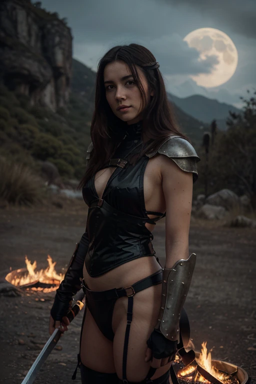 22yo hungarian brunette teen beauty as the devil, red skin, evil face, two horns on her head, she is wearing black body fit studded leather dress, standing on a stone altair, hands in the air with red lightning between them, the fire of hell in the background, 8k, uhd, detailed face, yellow eyes, uhd, 8k, ultra realistic