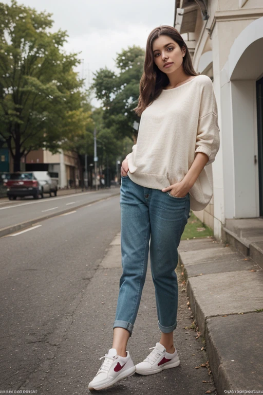 Woman, full length, walking diagonally to her left, wearing casual clothing, sneakers, detailed face, dark hair, returned from shopping, detailed face.