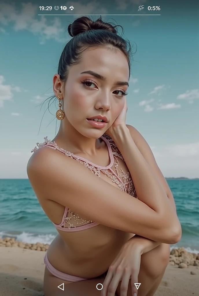 1 girl, Korean model, extremely beautiful, perfect body, tank top, jeans, necklace, earrings, bracelet, masterpiece, 8K, lifelike. Glossy pink lips, pink eyeshadow, eyelashes, blush, cosmetics, bright white skin, detailed pores, shiny skin, shiny skin. Her hair is pink, long and smooth, blowing in the wind ((floating)) under the bright sunlight. Bright smile, pure white teeth and details. Seductive lips, glossy pink lips. Blue eyes, seductive, ((sharp makeup)), realistic, ((wet eyes)), detailed, pink eyeshadow. Two delicate eyelids, perfectly beautiful and detailed, black eyelashes. Eyebrows are curved, sparse, sharp and detailed. Beautiful and perfect face, holy, perfectly proportioned, beautiful in every detail, ((shiny)), high-end cosmetic makeup. High and detailed nose. Blush, prominent and detailed cheekbones. Hands are beautiful, perfect, ((no flaws)), no defects. Big and full breasts, prominent and detailed nipples, deep and firm cleavage, tight against the bra. Photo of girl standing on the beach, sharp and highest contrast.