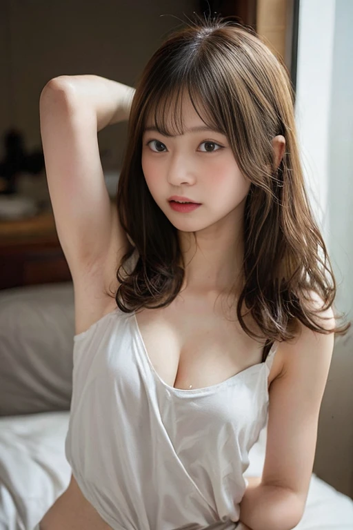 (Ultra HD、Ultra-high resolution、Realistic:1.3、8k、Japanese Model、On the bed)、Attention in the armpits、Look Viewer、(Extremely realistic skin texture:1.4)、(Realistic:1.3)、((smile:1.2))、40-year-old woman、Mature Woman、Updo、(Lift your arms and show your armpits:1.4)、((Face close-up:1.52))、(Armpit sweat)、Lying on your back、((Shooting from the side:1.05))、necklace、good、(((Small breasts:1.5)))、Slipping、From above