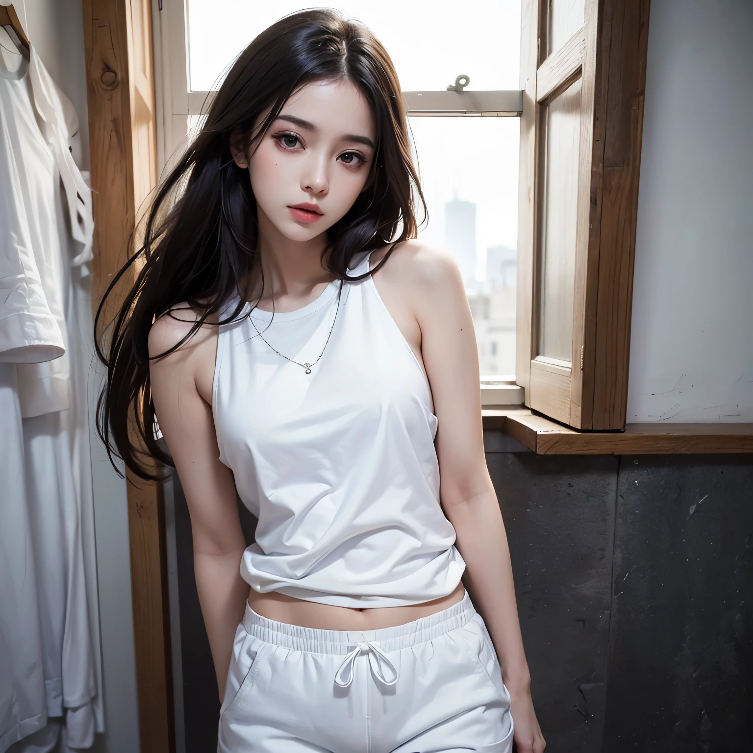 (White crop top and fitness shorts:1.2),(cowboy lens,tmasterpiece,best qualtiy,from below:1.4),(looking at viewert,Small waist,upper legs:1.2),The palm is off-screen,Lively ass,Side shot,Large breasts,Bedrooms,beuaty girl,Nice face,Slim,age uncensored,(arching back,Stick out your chest:1.2),stick out your butt,nomake-up,8K,offcial art,RAW photogr,Incredibly Ridiculous res, Slanted shoulders,Face light,Ultra photo realsisim,A high resolution,photography of,filmgrain,color difference,Sharp focus,动态照明,cinmatic lighting,highest details,extremy detailed,Hyper-detailing,finedetail,Extremely detailed eyes and face,(deep dark background:0.8)