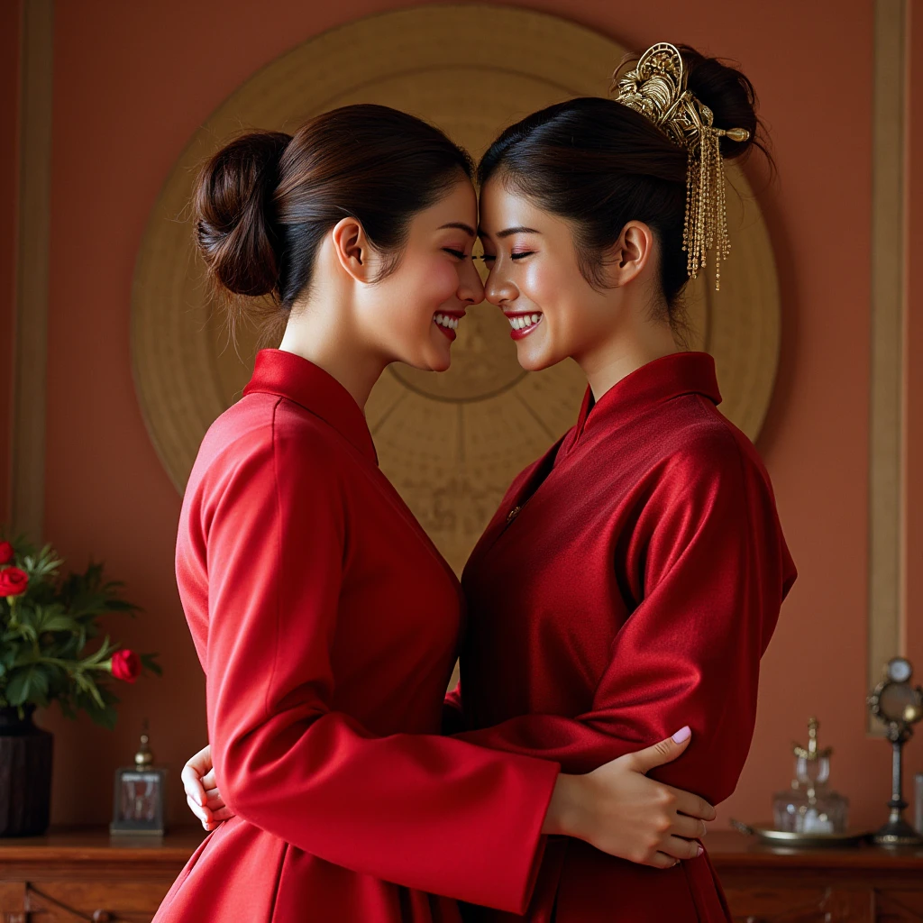 You help me create pictures, Pure Vietnamese lesbianism, a council lady and a maid... Standing next to each other wearing Vietnamese traditional costumes Xxx