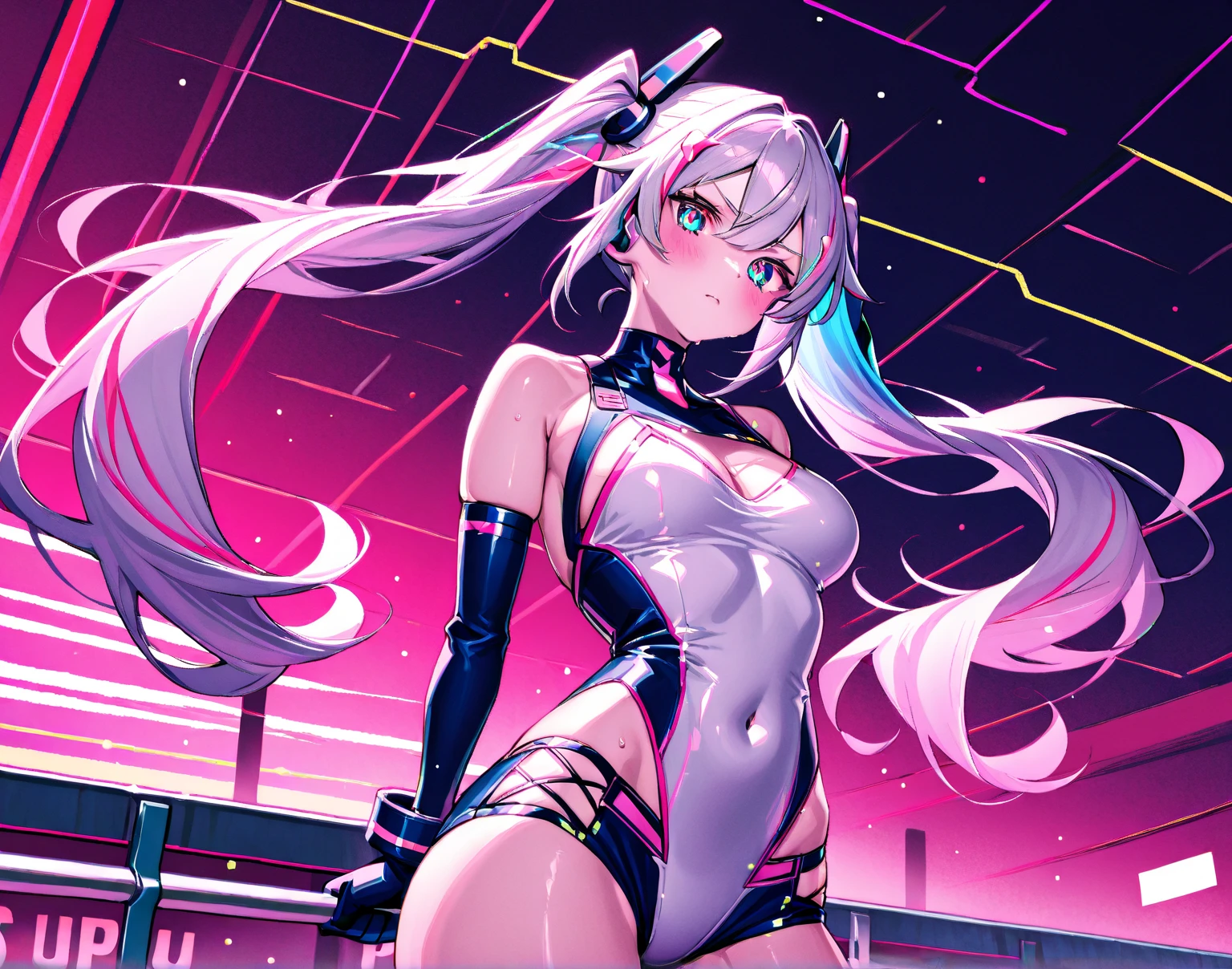 ((Best quality, 8k, Masterpiece :1.3)), 1girl, Pretty girl with emphasizing slender abs :1.3, (shiny silver hair, bob cut, bang between eyes, beautiful hair), Indoor, Ultra-detailed face, (bright silver eyes:1.3), beautiful eyes, twinkle eyes, Detailed eyes, embarrassed, little smile, (neon pink bikini:2.0, pink high heel, neon pink stockings:1.3), standing, full body, full body view, (neon outlines:1.6), (CyberpunkDetails:1.3), (yinji:1.2)