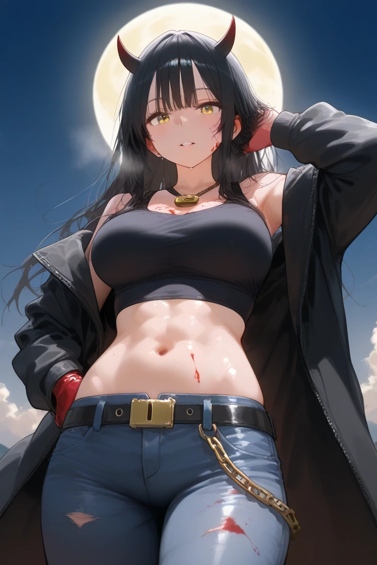 1 girl, black hair, burning flames, side lighting, covering, partially nude, embarrassed face, police uniform, gun