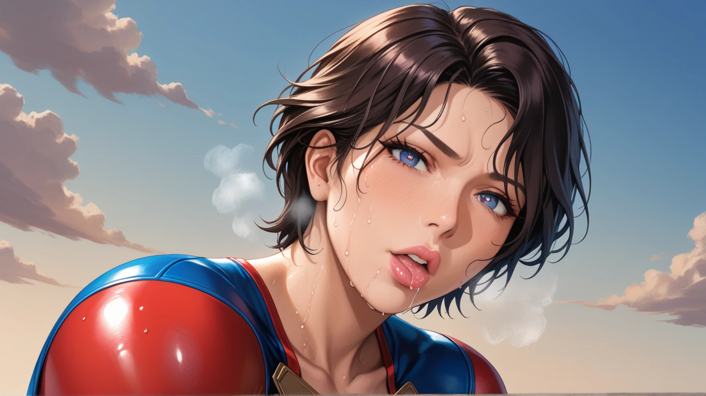 (masterpiece:1.3), (8k, Realistic, RAW Photos, highest quality: 1.4), Absurd, Charm, Ultra-high resolution, Ultra-realistic, Very detailed, Golden Ratio, (Realistic), (Best Shadow), Low contrast, (Complex:1.4), Side lighting, 8K, Beautiful Face, (Realistic Face), Beautiful hairstyle, Realistic eyes, Beautiful fine details, (Realistic Skin), Beautiful Skin, (One girl), ((Sasha Calle)), ((SUPER GIRL)), (Accurate hand and finger depiction), Supergirl Women, (Black Hair, Handsome Short:1.3), ((Looking up, Eyes closed)), (Flushing) , (Sweat), NSFW ((Double blowjob:1.2)), (fellatio), (deep throat), (Blowjob face), deep throat, ((Dripping saliva:1.0)), BREAK (2boy, 2penis:1.2), real penis, ((Thick penis:1.1)), ((Bust Shot)), ((Frontal perspective))