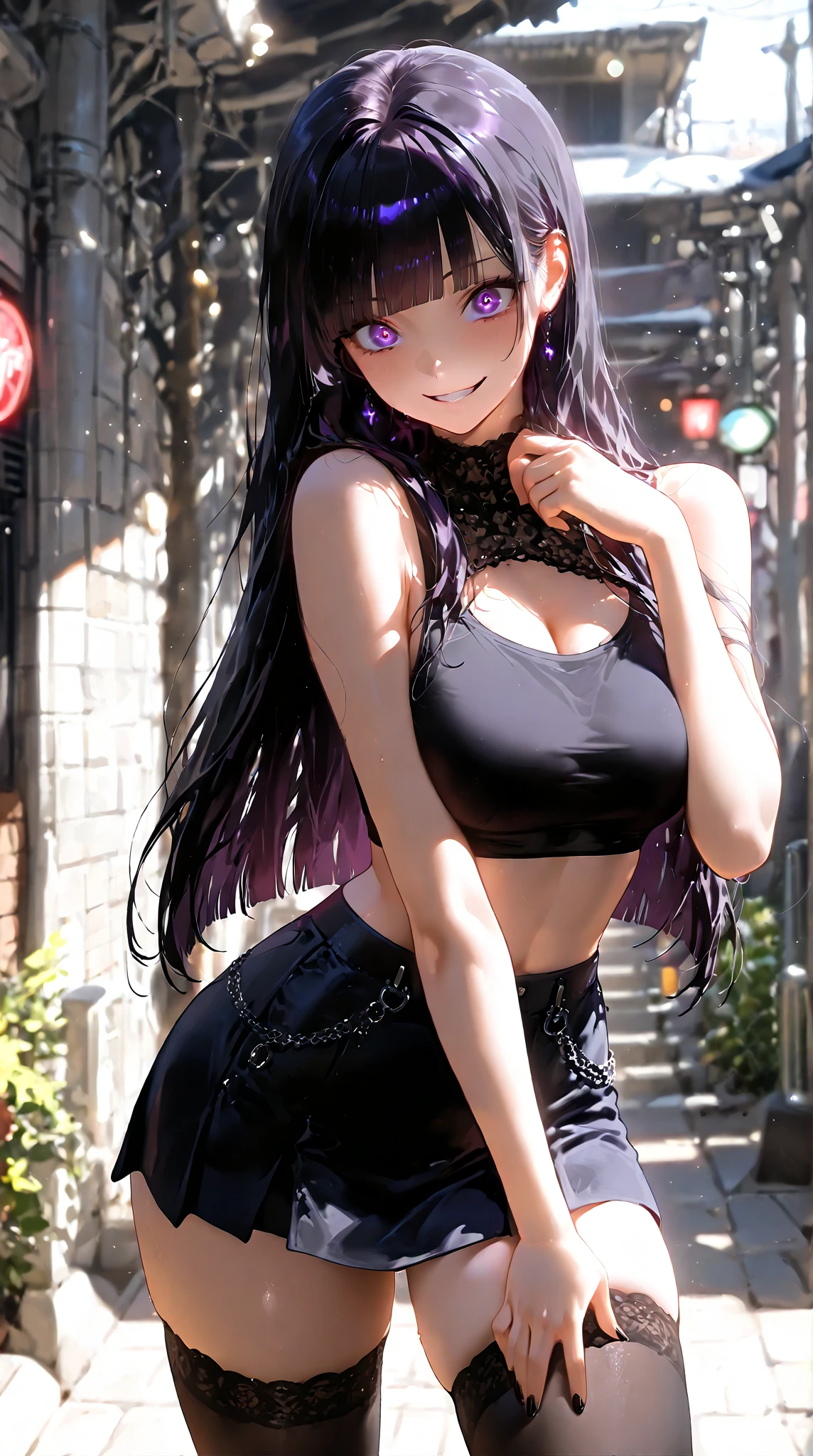 masterpiece:1.2, best quality:1.5, highly detailed, depth of field, cinematic lighting, intricate, 8k wallpaper, cg, intricate detailed eyes, glowing eyes:1.1, colorful eyes, best eyes, sharp eyes, sharp focus,
1girl1.2, (Fern (Sousou No Frieren)), ((virgin killer sweater, long sweater:1.5, sweater dress:1.5, thigh length sweater, black thigh band, turtle neck:1.2, sleeveless:1.5, side boob:1.5, side window:1.2, side cutout:1.4, hip window:1.4, hip cutout:1.2)), BREAK
((large breasts:1.1, very small waist:1.4, wide hips:1.4, thick thighs:1.2, glossy lips:1.5)), BREAK
((expressive face, large eyes:1.5, expressionless:1.4, long hair, bangs, (purple eyes:1.1), purple hair, long sidelocks:1.2, blunt bangs:1.2, (bright pupils:1.5), hair down:1.4, blunt hair)), BREAK
((indoors:1.5, yellow lighting:1.2, fantasy tavern scenery:1.5, wooden furniture, wooden table:1.2, wooden beer mug on table:1.5)),
((sitting:1.5, on chair:1.2, from the side:1.4, arms raised:1.2, armpit, looking at viewer:1.2, cowgirl shot:1.5)),
fern