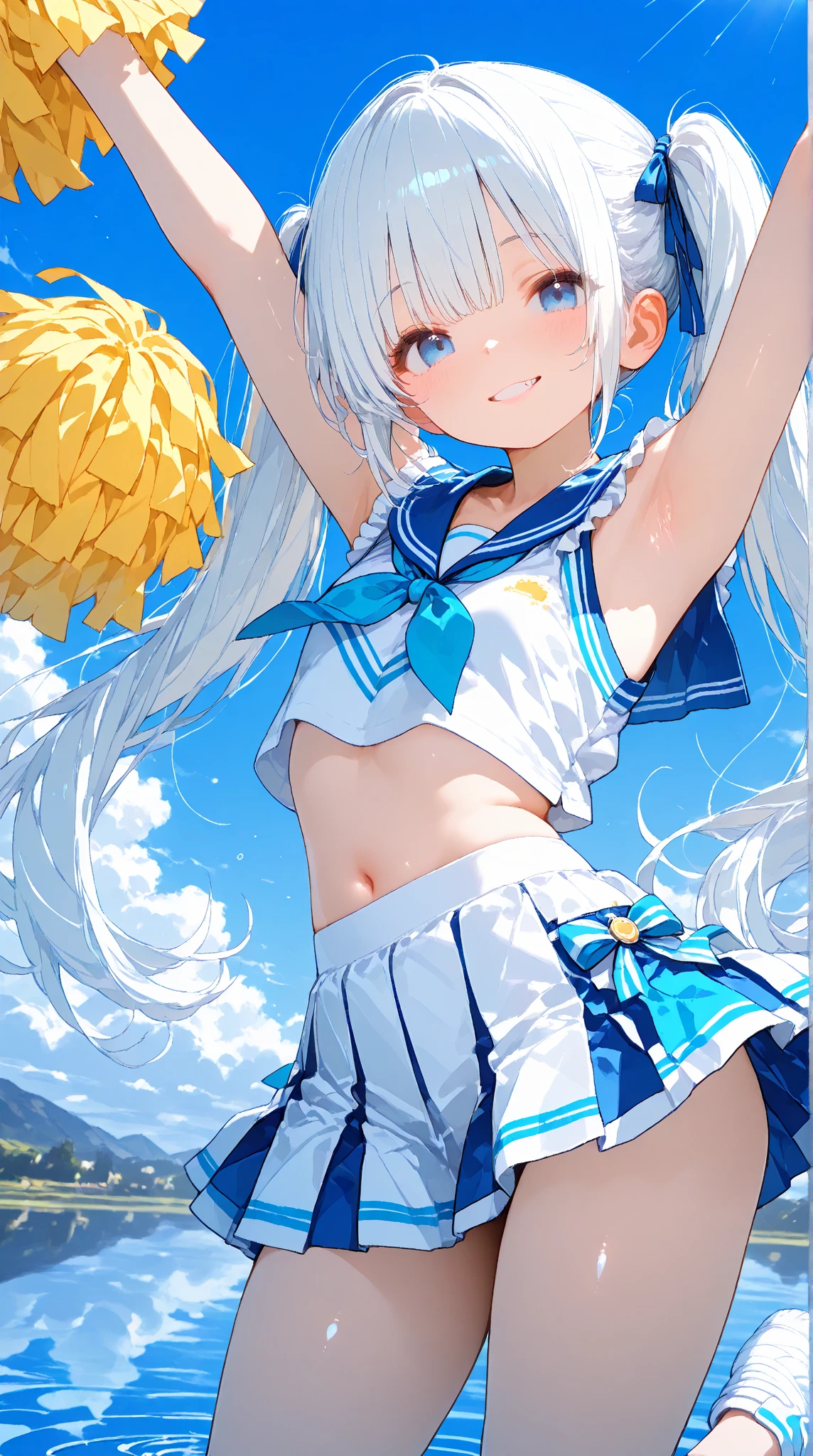 Silver Hair、blue eyes、girl、Small breasts、Twin tails、、girl、Small breasts、ta、Bright smile、Looks about 15 yan Musume、short、目のhighlight、Sexy thighs、Cheerleader、Please show me your armpits、Your eyes are so beautiful、highlight