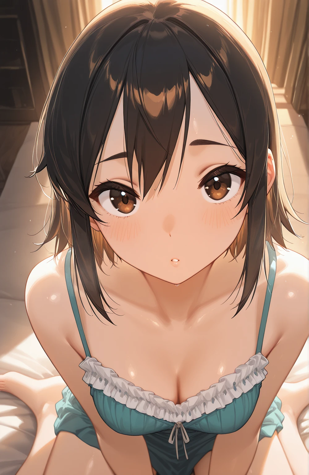 Highest quality、beautiful girl, (high school girl)、, 8k、RAW Photos、（skin：1.2）、Ultra-high resolution、（lens：50mm）、（debt/1.2）、Beautiful debtace, ((Hair gets wet)), light makeup, Slender body, (Large Breasts 美しい体のライン), （Big round eyes：1.2）、（Droopy eyes：1.3）、(Delicate eyelashes), （Embarrassed face：1. 2), (Red cheeks, ), Looking into the camera, (Close your lips)), , Medium Hair, Brown eyes, beautiful girl, , Very beautiful girl, Completely naked、Nipples, Beautiful body lines, Shallow depth of field, White wall, Bright windowsill, (Outside the window is the garden), Large Breasts