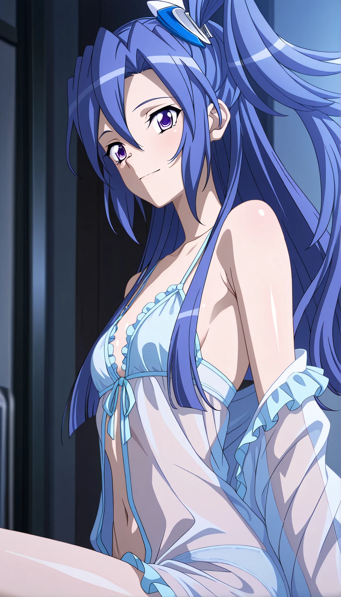 masterpiece, best quality, amazing quality, very aesthetic, absurdres, newest,shiny skin, anime screenshot, anime coloring senki zesshou symphogear, 1 girl, (Kazanari Tsubasa, blue_hair, purple eyes, one side up), clear babydoll , ((see-through)) , ((frilly babydoll)) , ((see-through)) , off shoulder ((see-through)) , so her boobies can be seen, can be seen her ass, looking at viewer,light smile,extreme close up,wink,