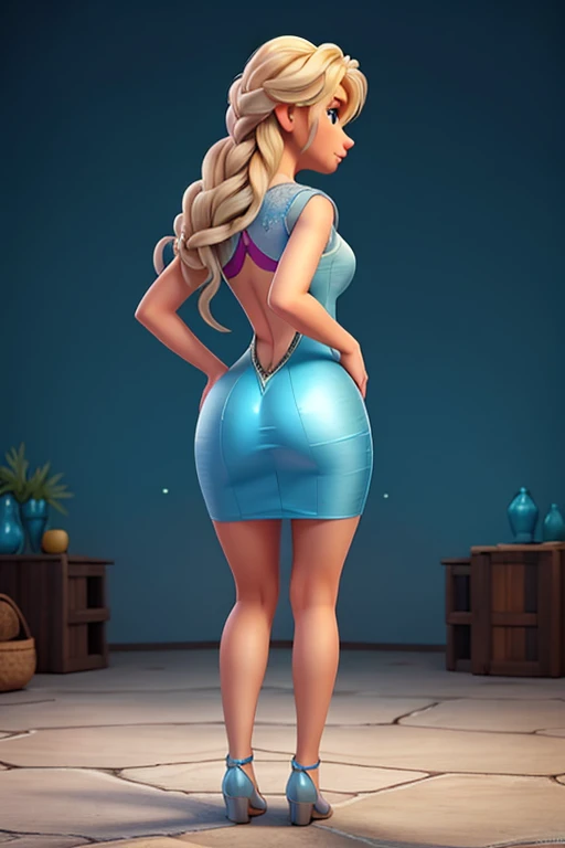 high detailed, masterpiece  1girl cartoon character in blue dress, long blonde hair, lewd expression, open mouth, tonge out, from behind, spreading her legs wide open and bow down showing the viewer har vagina whis is ready to have sex, looking at viewer, perfect hands, big perky breasts, wide hips, thick thighs, ultra realistic digital art, a 3D render, photorealism, clean scene, black background, black wall