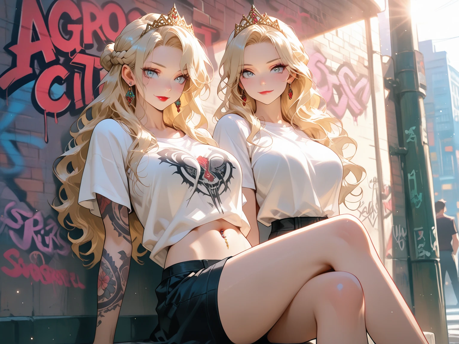 Of the highest quality, cara clara y bien arreglada, Claro, ojos brillantes y brillantes, long eyelashes, chica refinada, pendientes, tatuaje del cuerpo de una rosa , Ombligo expuesto, obscene lines, abdomen tonificado, belt, arte grafiti de una rosa, Bragas de colores encajadas,