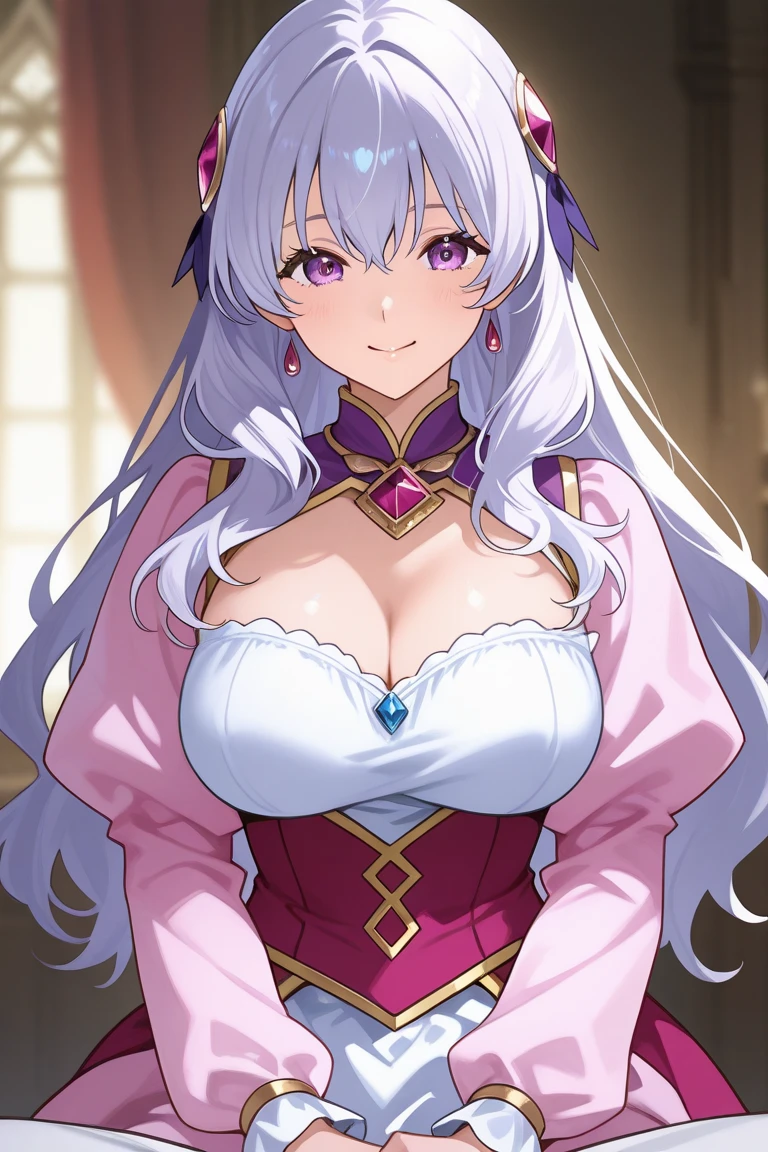 (masterpiece), best quality, intricate details, ultra details, ultra quality, rule of third, (looking at viewer), detailed face, detailed iris, glossy lips, 1girl, solo, long hair, purple eyes, hair between eyes, purple hair, hair intakes, bangs, :D, full body adult, large_breast, pink dress, inside, royal banquet, curtsey, big_breast, perfect_body