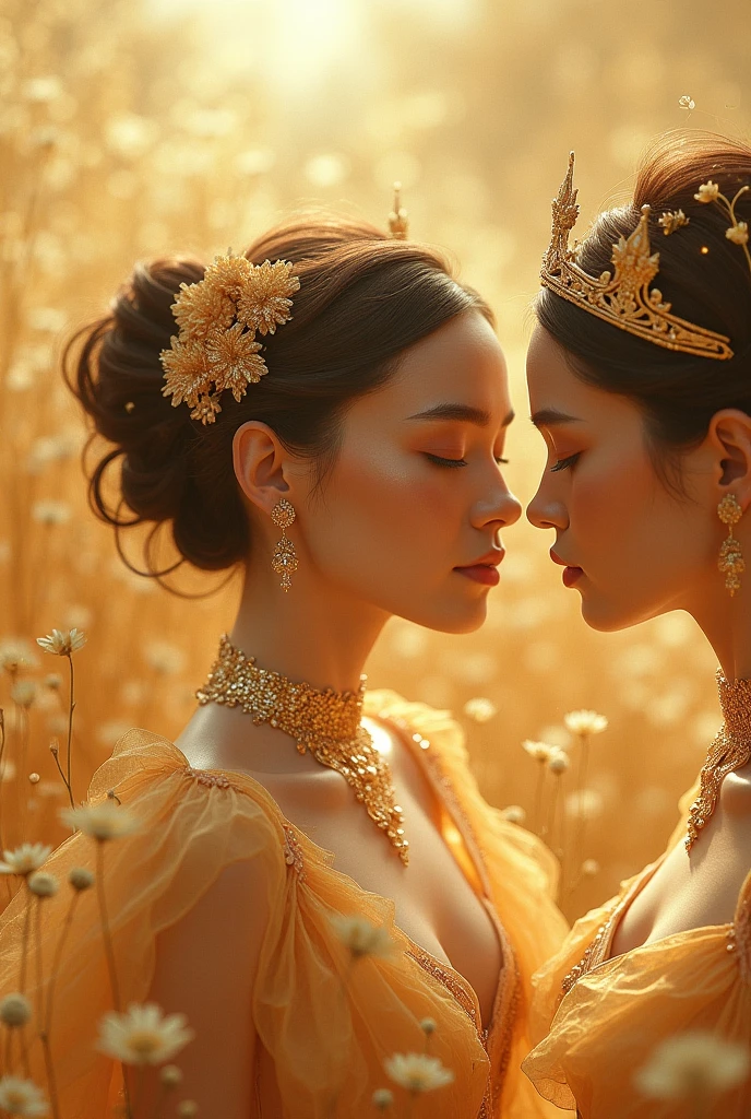 A  beautiful and sexy princess and her twin sister who is her lover embracing and passionately kissing and caress ass