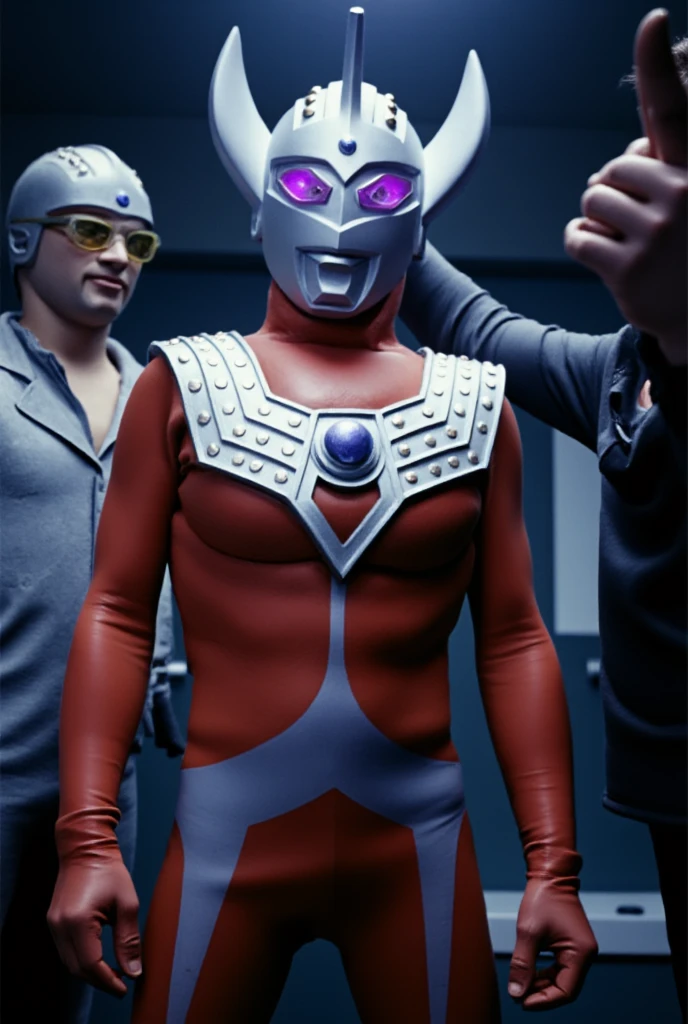 1 man, solo, 4k, 8k, ultraman taro pin up, photo realistic, bara, nude, naked body, slim body, human skin color, hairy body, head only ultraman taro with naked human body, small penis, shower room