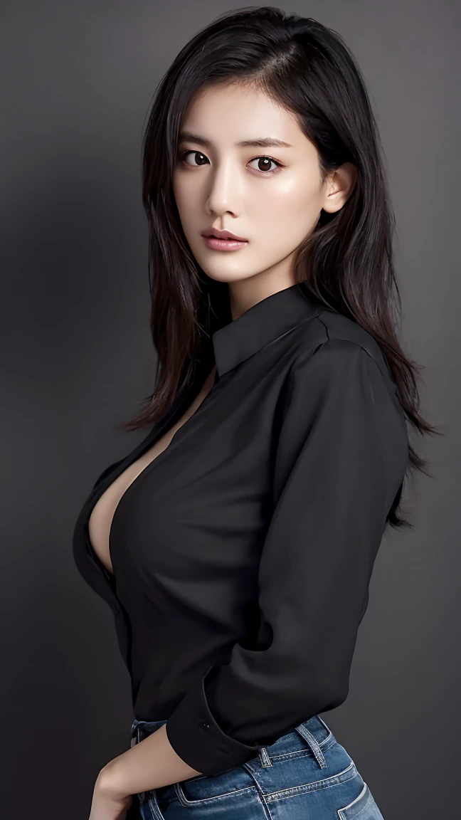 1girl,huge breast, black hair, blue eyes,high quality, ultra detailed, masterpiece, realistic, black coat, short hair