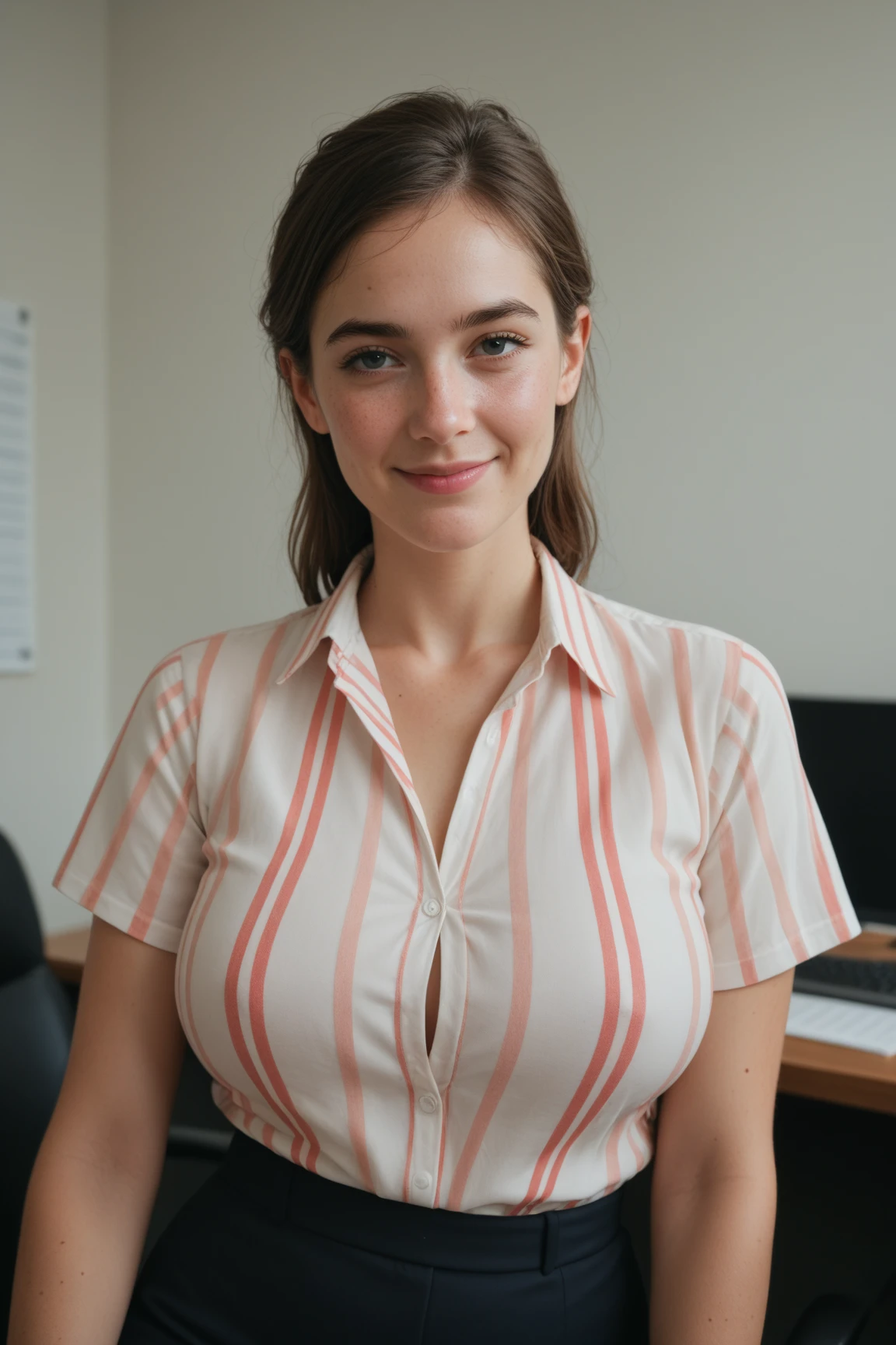 Young teen girl, petite, blonde hair, small round face, ((small pointed nose:1.1)), blushing cheeks, bright hazel eyes, (((Kelsey McWilder))), 8k, 4k, highly detailed face and eyes, imperfect skin, highly detailed skin texture, hair in bun, torso portrait, sitting on office desk, cocktail dress with tights, cleavage, (chubby), seductive, pouting lips