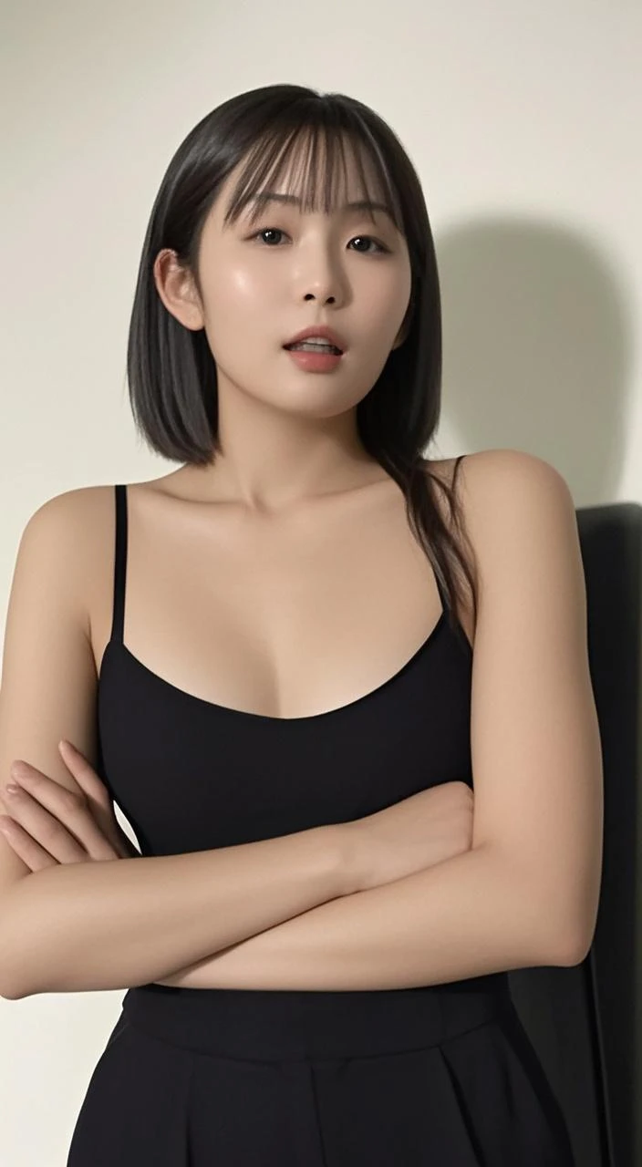 best quality, beautiful shape, ultra high res, (photorealistic:1.4), perfect girl, pretty girl, tanktop black shirt, black tight skirt, black choker, (faded ash gray hair:1), medium breasts, looking at viewer, closeup, (pretty face) , southeast asia girl.