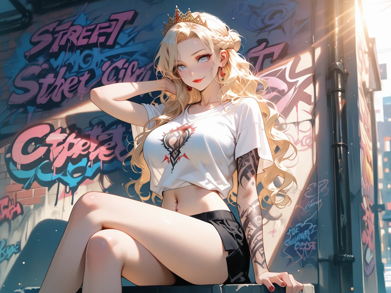 (Browsing Caution:0.7), Perfect Style, Beautiful Face, Highly detailed face and skin texture, (Maximum resolution: 1.2), 1 female,Hip Up, jewelry, (((He has many tattoos all over his body)), Streetwear, (((Tight shorts))), blonde, , (((Tight waist))), ((Big Breasts)),(See-through)