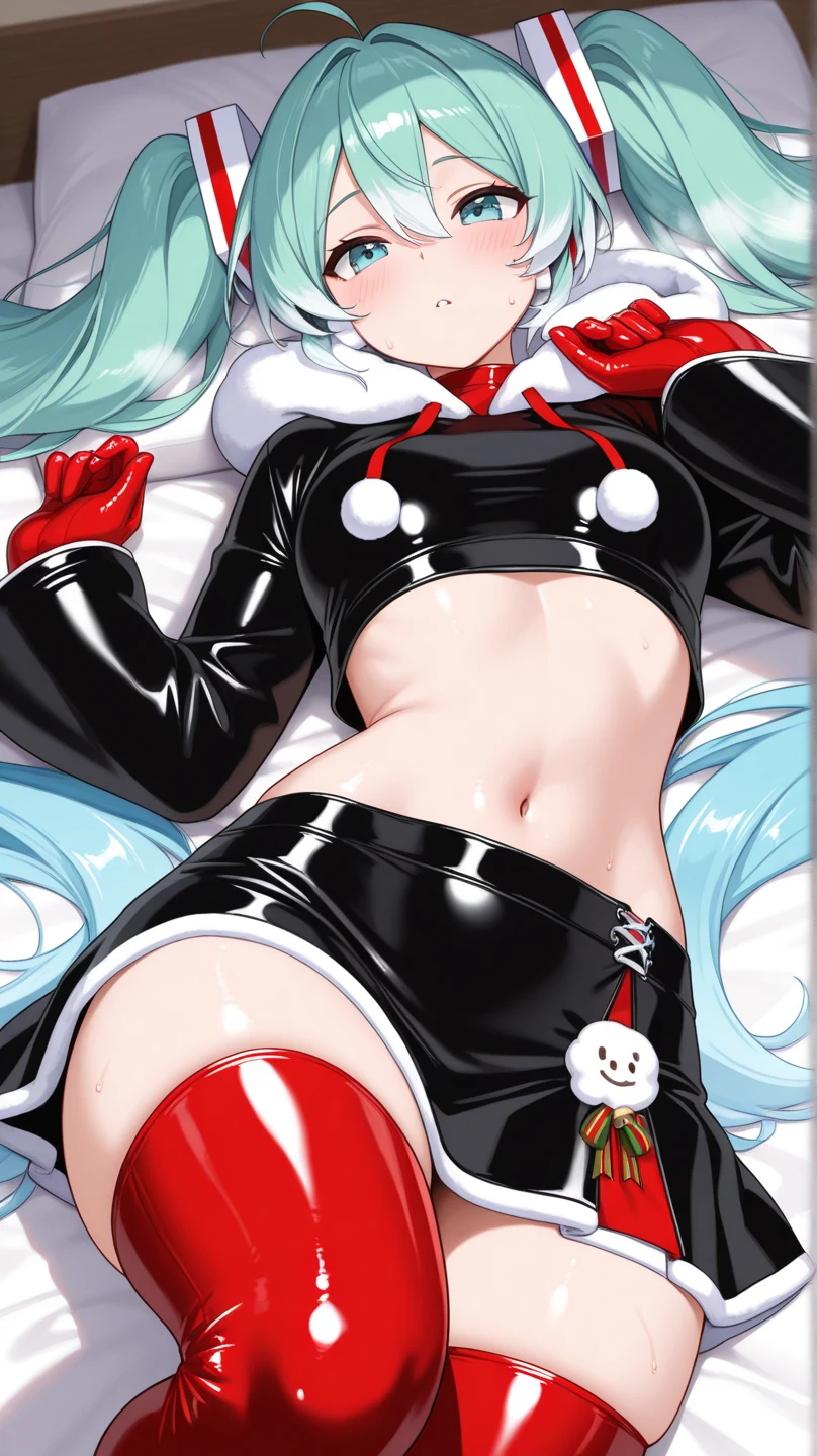1girl, arms up, bangs, bodysuit, breasts, covered navel, cropped jacket, gloves, headphones, impossible bodysuit, jacket, large breasts, long hair, long sleeves, looking at viewer, lying, medium breasts, on back, parted lips,red bodysuit, red eyes, white hair, puffy sleeves, red jacket, shrug \(clothing\), skin tight, solo, twintails,alice \(nikke\),(masterpiece:1.4),(best quality:1.4),(shiny skin),realistic