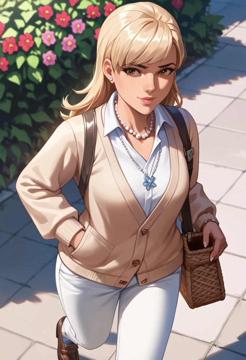 ((score_9, score_8_up, score_7_up, score_6_up, score_5_up, score_4_up), overwatch style), 1 girl, solo, a girl in the museum, tan skin, long hair, honey-blonde waves with soft bangs, rosy cheeks, warm brown eyes, light pink lips, cream blouse with lace collar, beige cardigan, high-waisted linen trousers, loafers, woven basket bag, sketchbook, pressed flower necklace, high detail, anime, anime style, ray tracing, Fujicolor, wide shot, Wide-Angle, UHD, masterpiece, accurate, anatomically correct, textured skin, high details, high quality, 16k