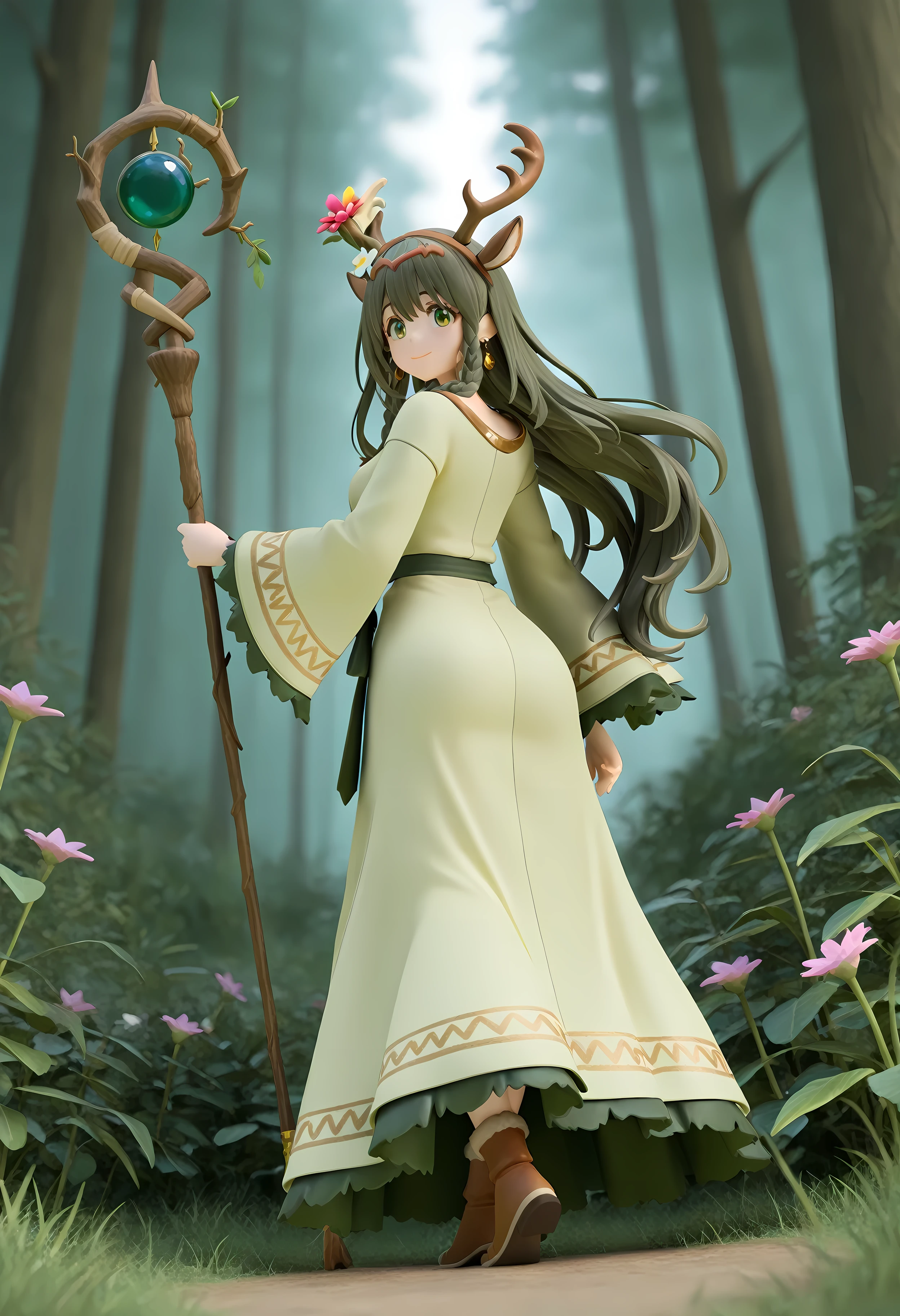 (masterpiece, high quality, high resolution, 4K, 8k, detail) 1girl,3D Figures, full body figure、looking over here with your butt、big 、(an enchanted long staff that made by plants have flower on the top:1.5)、happy、dark moss green hair, wavy long hair, braided sidelock, ,Dark hair color, green eye, enchanted white robe,druid, , tareme:0.7、 Forest Path、 beautiful finish,from behind、big earrings,Deer antler headband