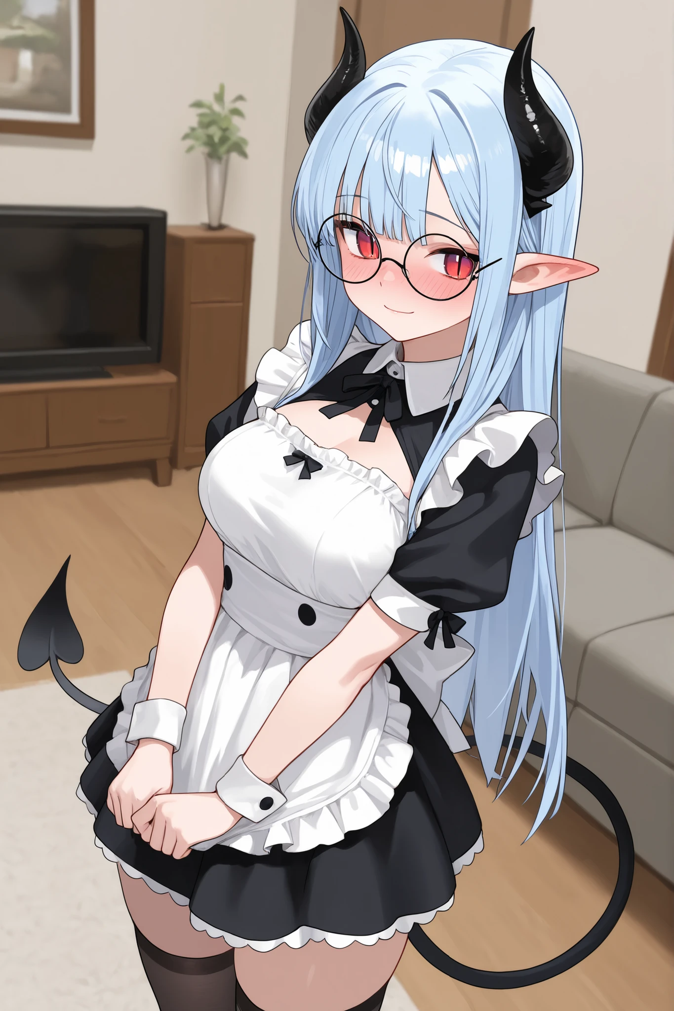 ((2 girls, 10 years old)), gallant girl, (dark skin:1.1),
(small breasts:1.3), slender, (thin legs:1.2),
(blonde and black long hair, forehead:1.3),
red eyes, (glasses),
(maid, white bra, white panties, garter belt, white tights:1.3),
(pointy ears:1.4),
standing, (very long stairs, inside the mansion:1.3),
(from below),
