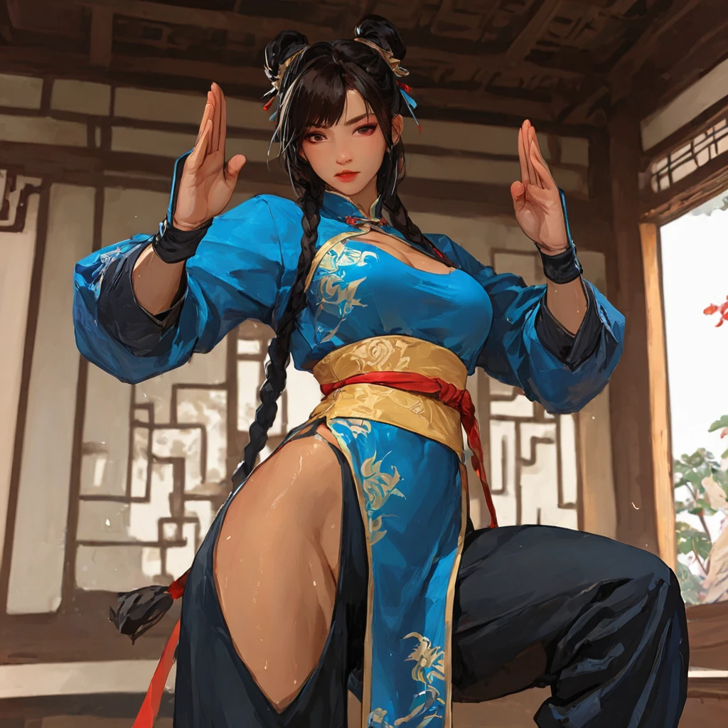 femele，Axe in left hand，Hold a musket in your right hand，Wear a cheongsam，Pedaling on a skateboard，rage，with a round face，perfect bodies，Bigchest，long leges