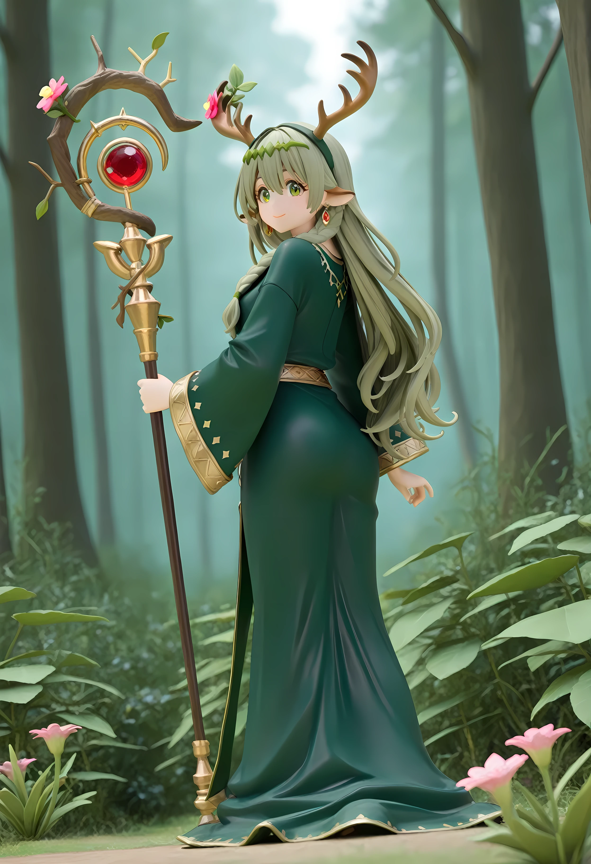 (masterpiece, high quality, high resolution, 4K, 8k, detail) 1girl,3D Figures, full body figure、looking over here with your butt、big 、(an enchanted long staff that made by plants have flower on the top:1.5)、happy、dark moss green hair, wavy long hair, braided sidelock, ,Dark hair color, green eye, enchanted white robe,druid, , tareme:0.7、 Forest Path、 beautiful finish,from behind、big earrings,Deer antler headband