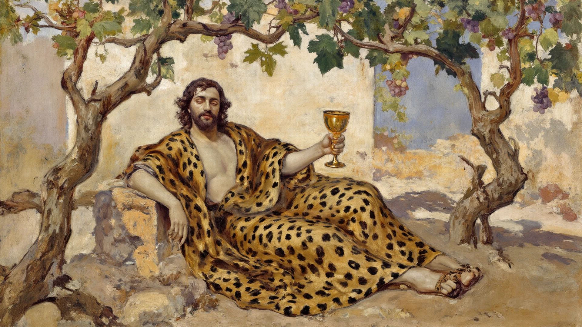 ((Man of supreme beauty, smiling, with a strong body)), ((beautiful blue eyes, long black curly hair)), ((wearing a tiny Greek toga, strong, sexy and sensual body) ), ((with a glass of wine in his hands)), ((man with a beard)), God of orgy, God of sex, lascivious, ((Celtic mystical forest with satyrs and nymphs in the background), God of the Moon, A stunning portrait of a god, Frank Kelly Freas, style by Karol Bak, ((handsome face)), ((inspired by Caravaggio's paintings))