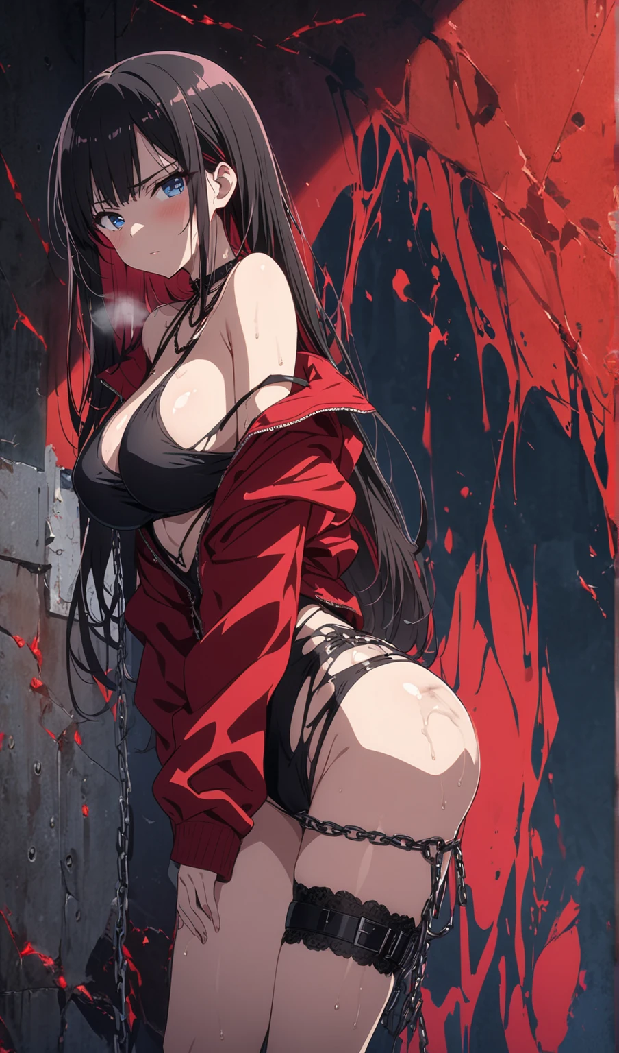 1 girl, black hoodie, long hair, super beautiful, cool, intimidation, black hair, sexy, hot, knife, blood