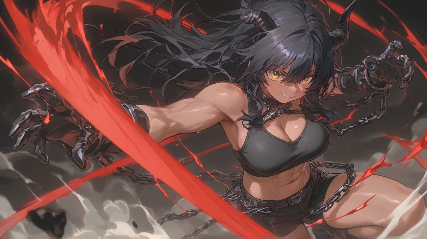 MakiOze, MageCL, 1girl, flame effect, flame in hand, cowboy shot, fierce expression, small breasts, bra, gloves, slim, glowing eyes, navel, pale, dark sky, red moon, exterior, light particle, motion lines, purple eyes