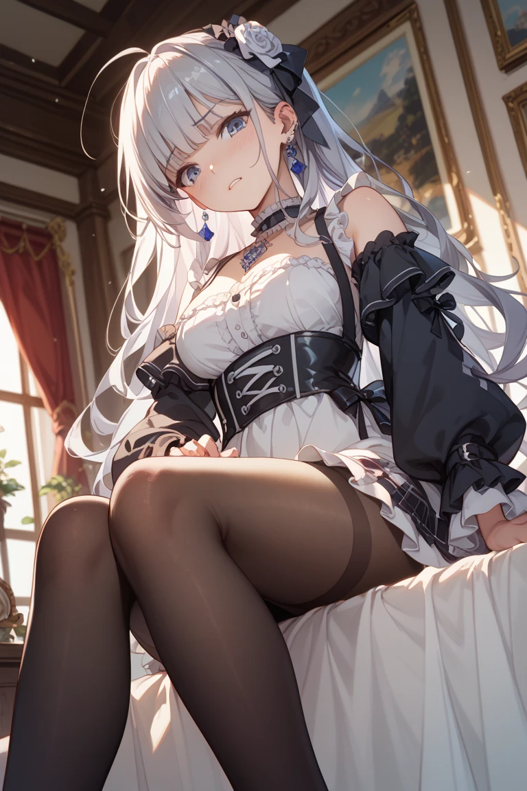 Lie down on the bed,Blush, first person perspective, 8K, Super detail, Best quality, hyper HD,White pantyhose,Raise your hand in praise,Exposing armpits,full bodyesbian,Lick the armpits,Open your armpits,White pantyhose,(Open your armpits:2.0),perspire,Sweating of the armpits,Sweating of the armpits,(wearing only his underwear:2.0),Fairy Knight Lancelot (fate), 1girll, White hair, Long hair, forked eyebrows, view the viewer, Open mouth, bangs, dress, Solo, Long sleeves, Small breasts, flower, Breasts, Blue dress, side locks, Smile, Cape, Brown eyes,Long legs,lying down,Open your legs
