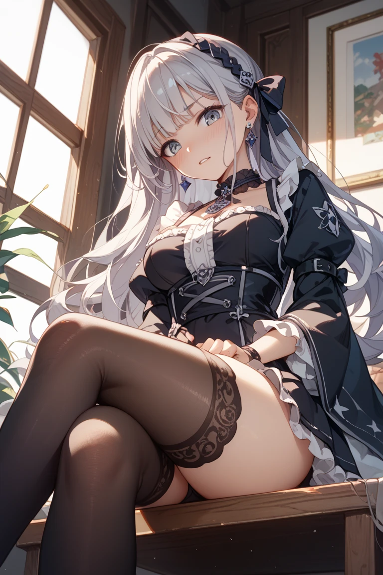 masterpiece,8K, (Highest quality),Best Shadow, (Maximum resolution), Backlight,(smile),Detailed face and skin texture, Delicate eyes, Blue-gray eyes,double eyelid,Natural Cheeks,White skin,(Glossy lips),(pretty girl),10-year-old,(Wavy long hair),(female orgasm), (Platinum Blonde Hair),Big Breasts,((Maid clothes)),Many books,ta fashion,Leg spread,((stockings))