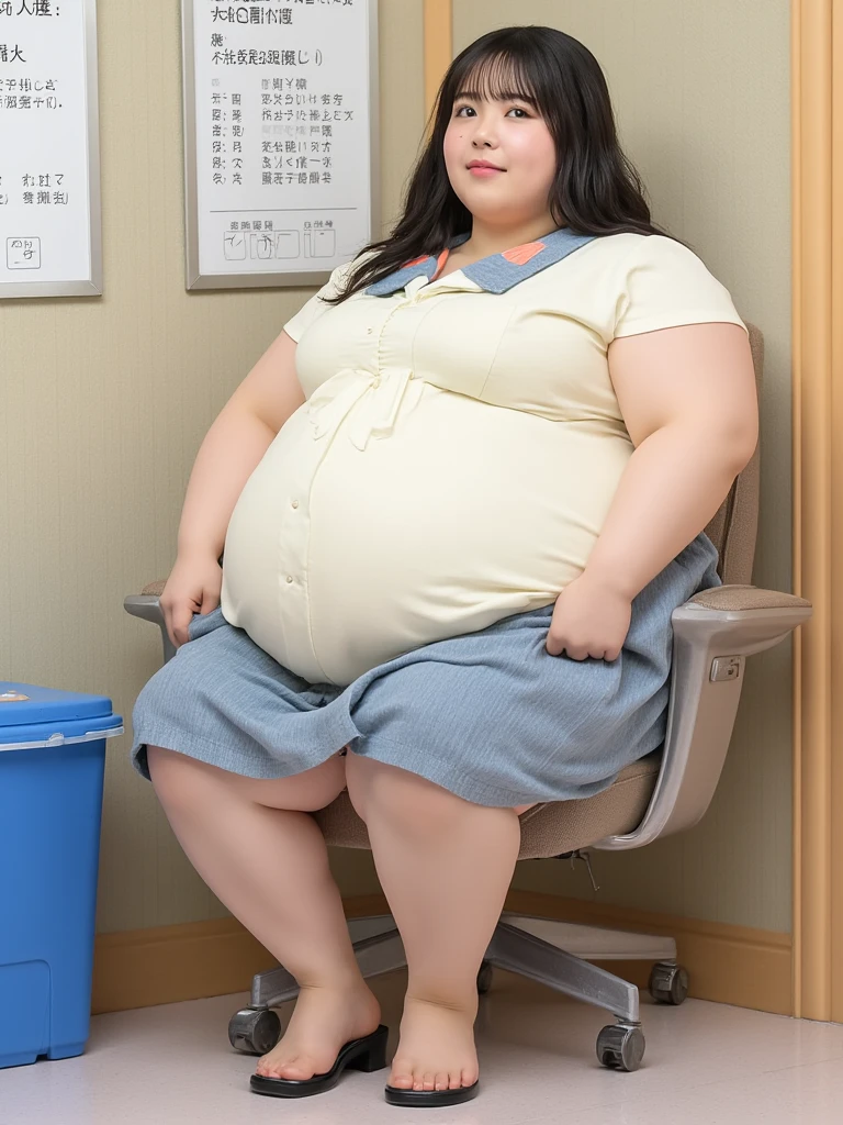 Asian, chubby cheeks, double chin, obese, fat, bloated, swollen, pregnant, nurse uniform, fat arms, inflated