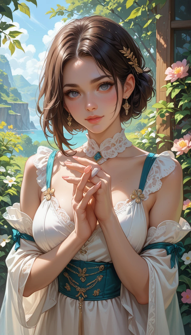 a close up of a female woman person, sensual and sexy, Unclothed, holding a flower in a field, de Laszlo Balogh, salome, litrgp romance cape, by Carlos Saenz de Tejada, mas Balázs Diószegi, zenra taliyah, inspirado em Thomas Blackshear, tom bagshaw donato giancola, de Antonie Palamedesh.