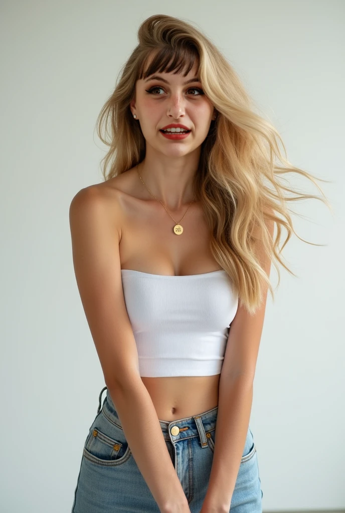 A vertical portrait from head to knees of a 20-year-old Japanese "gyaru" with a height of 170cm. She has blonde straight hair, a slim yet curvaceous body with a well-defined waistline and an attractive lower abdomen. Her large chest is accentuated, wearing a tube top that reveals her navel, and a mini skirt. She has a gentle smile but with slightly angry-looking eyebrows. She is facing the viewer directly. The background is a simple gradient from light pink to light yellow. The lighting is warm, coming from the front to softly illuminate her features. No text or writing should be included in the image.