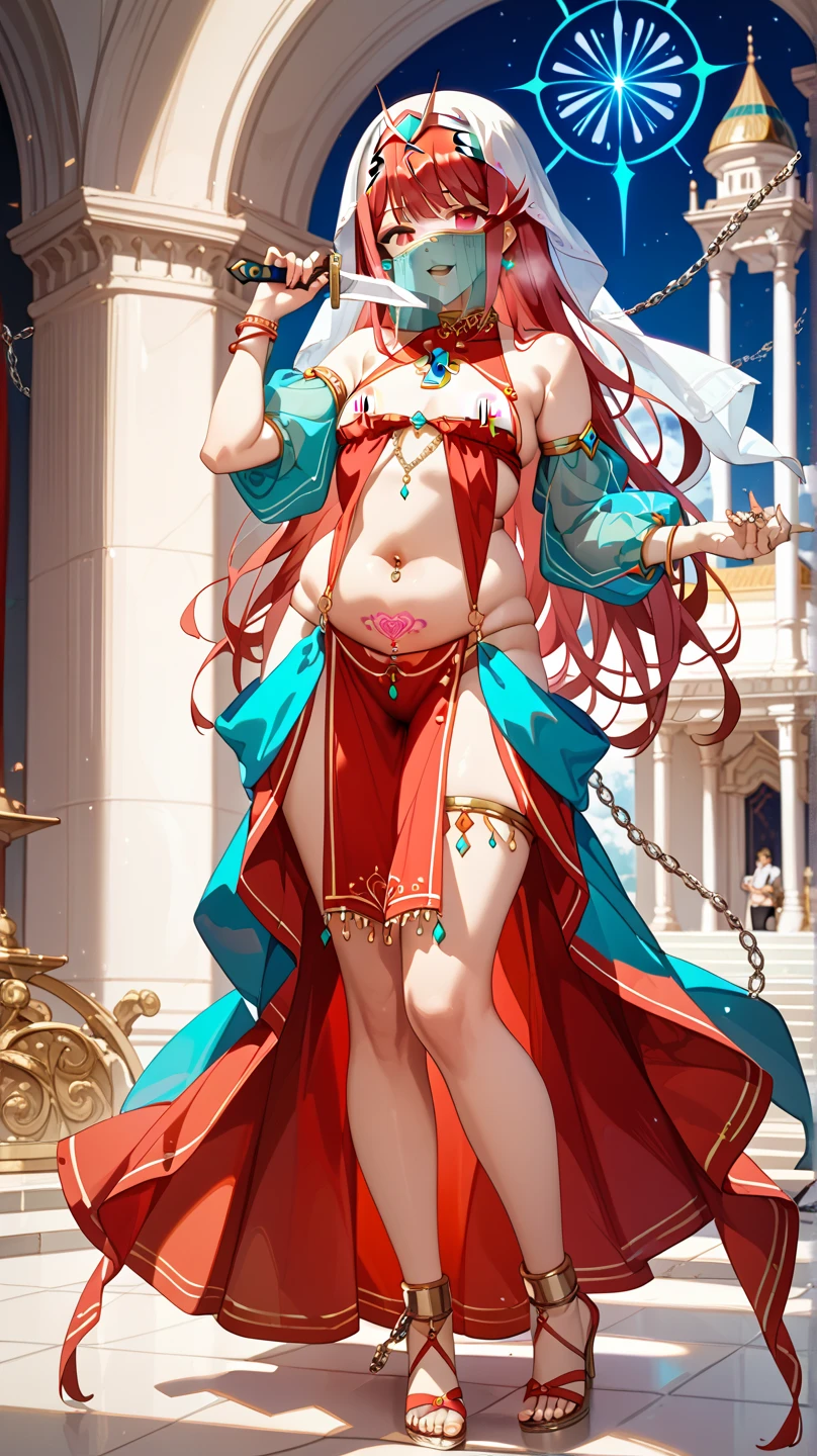 Xenoblade 2、Homura、Arabian costume、Outfits with chains and jewels、Pichi Pichi Clothes、hairstyle is bob、Red hair、nipple piercings、Palace at Night、Full body painting、belly button piercings、 Revealing clothing holding a knife、 seductive expression、Plump、Thigh-High Socks、Womb tattoos on the lower abdomen、 bracelet 、Face Veil、vulgar pose、A man is standing behind