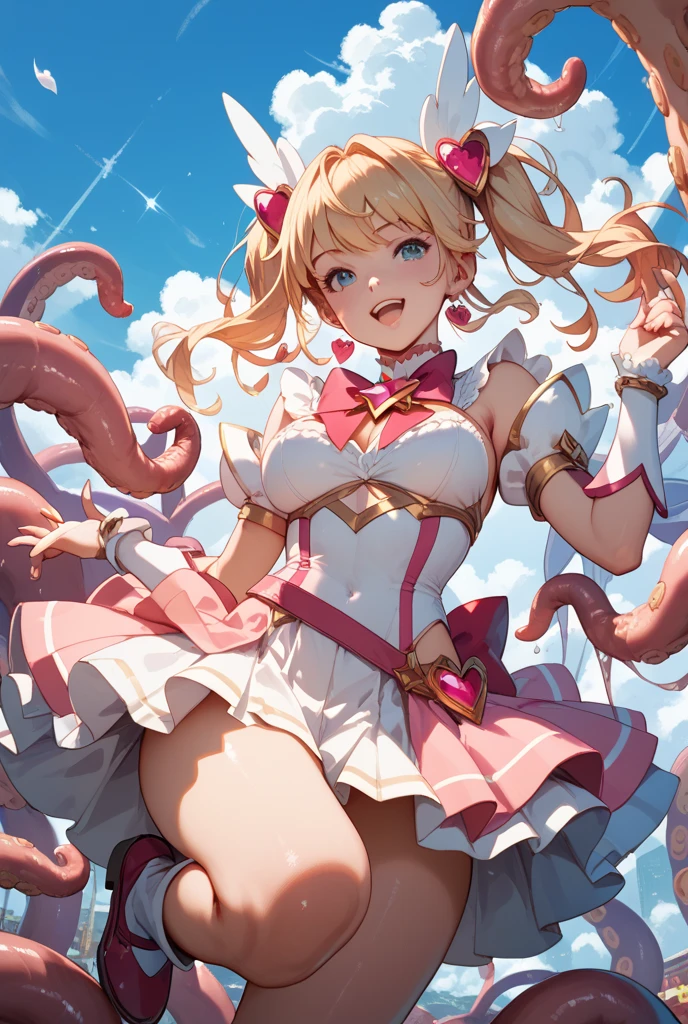 Browsing Caution,(A girl with her limbs spread and buried in a tentacle hole,Wide-open legs,Wide open arms,Arms covered in tentacles,Tentacle-covered legs,Sailor warrior transforming heroine with pink lines on white cloth,Shiny ruffle skirt、Metallic Leotard Armor.,No sleeve,Waist ornaments and armor adorned with large jewels,Transformation Heroine Hair Accessories,Torn white transforming heroine thigh-high socks,A big red ribbon and a big jeweled brooch,Shining white heroine costume,Tight transforming heroine gloves:1.5),(Men and women having sex,A transforming heroine gets raped:1.5), (vagina,penis:1.5),(A girl with her limbs buried in a bed of giant tentacles,Arms and legs stretched:1.5),(tentacles surrounding the girl,His arms are covered in tentacles up to his shoulders,Her legs are covered in tentacles up to her thighs,Tentacles bind limbs,Massive bukkake,get off:1.3),belly button, (The girl is angry,Open your mouth:1.3),Sweat,Love Juice, (Petite Girls,young,thin,Very small breasts:1.5),Blonde,Perfect Face, Perfect Anatomy,(Cowboy Shot:1.5),(vaginaから溢れる:1.2)